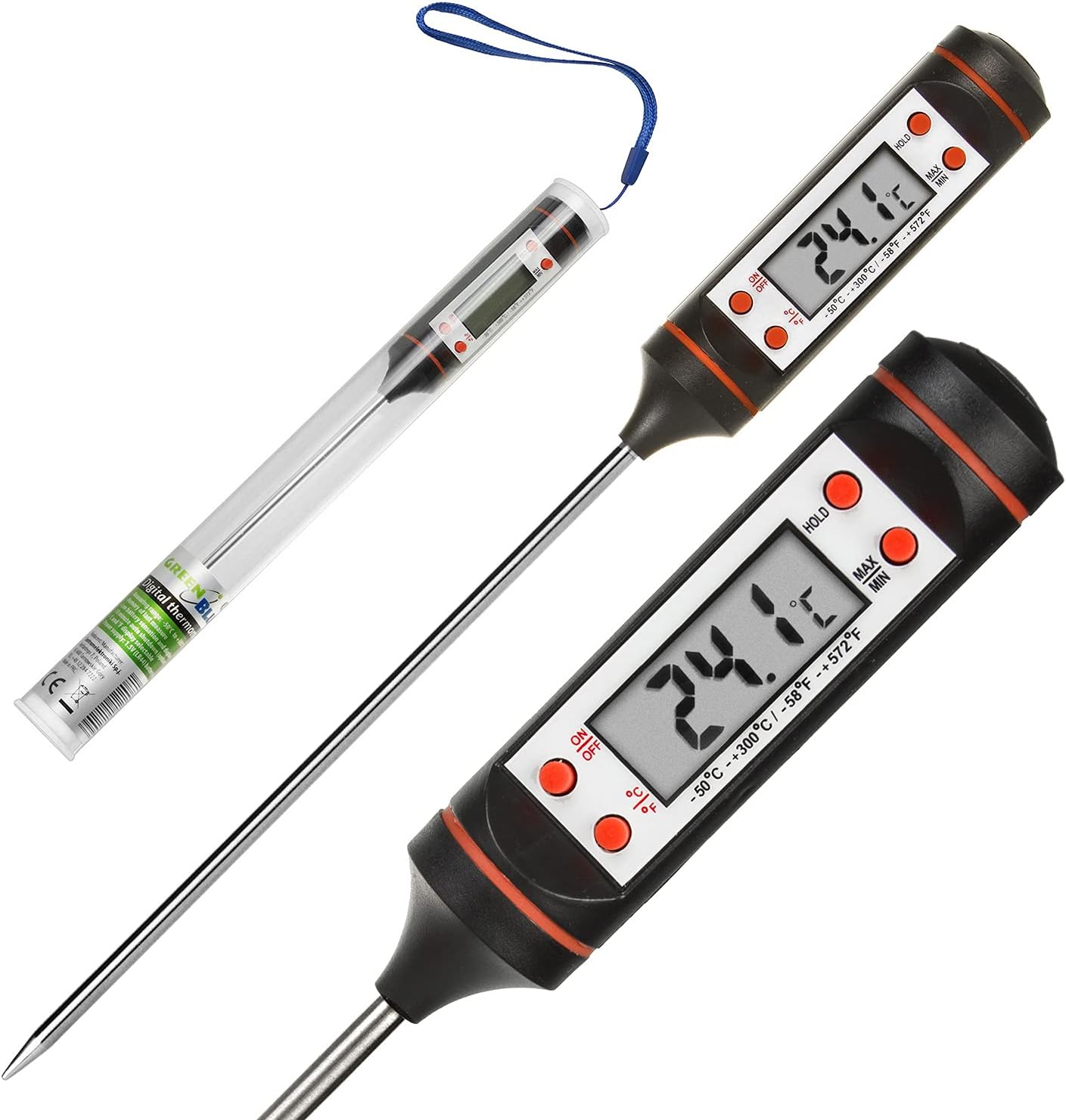 Digitales Küchenthermometer Mit 15 Cm Sonde – Lcd-bildschirm, Messbereich -50 °c Bis +300 °c, Edelstahlsonde Für Fleisch, Grillen, Backen Und Kochen (schwarz)
