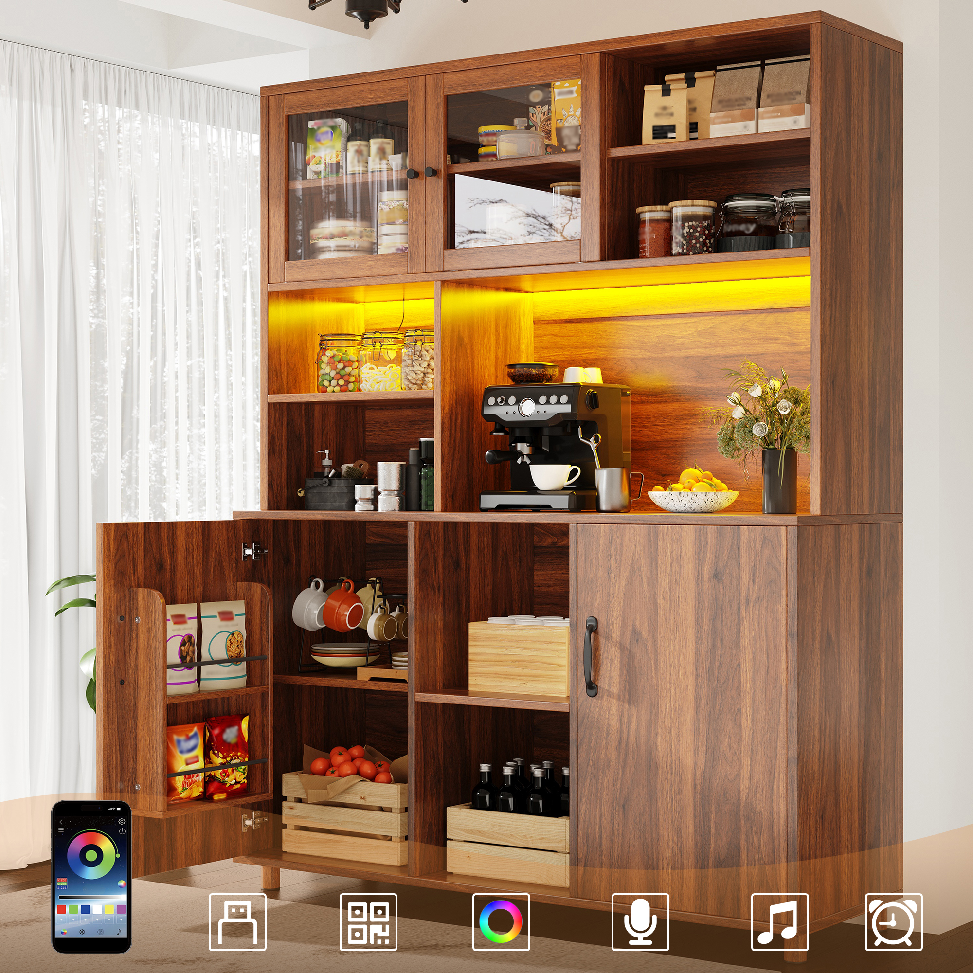 Hochschränke Fürs Wohnzimmer, Küchenschrank,esszimmerschrank,schränke Mit Led-beleuchtung, Schranktür Mit Snackablage,retro-stil, Walnussfarbe – Intelligente Led-beleuchtung & Steuerung Dieser Hochsc,