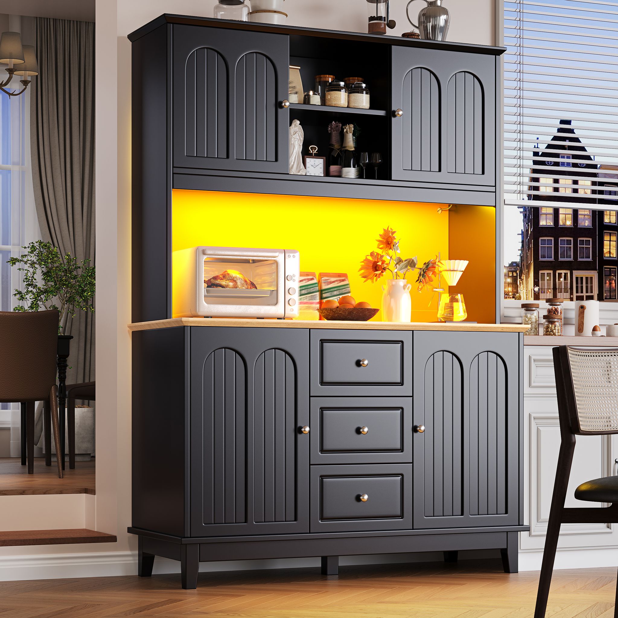 Hochwertiger Hochschrank Mit Led-beleuchtung Und App-steuerung , Moderner Wohnzimmerschrank Mit 4 Türen & 3 Schubladen, Küchenvitrine Mit Musik-lichtfunktion & Kippschutz – Intelligenter Led-beleuchtu