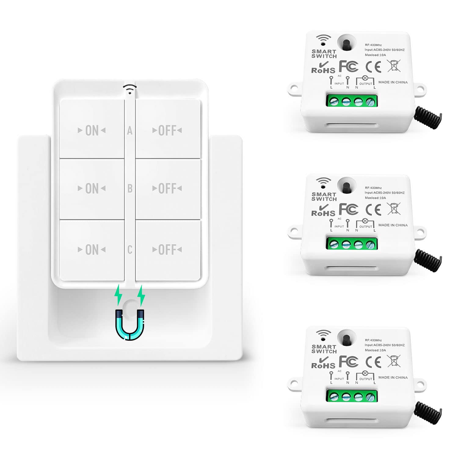 Drahtloses Zweiwege-schalterset, Mini-funksender 433 Mhz, Funkschalter Mit 150 Meter Reichweite, 2200 Watt, Mobiler Funkschalter (1 Schalter, 3 Empfänger)