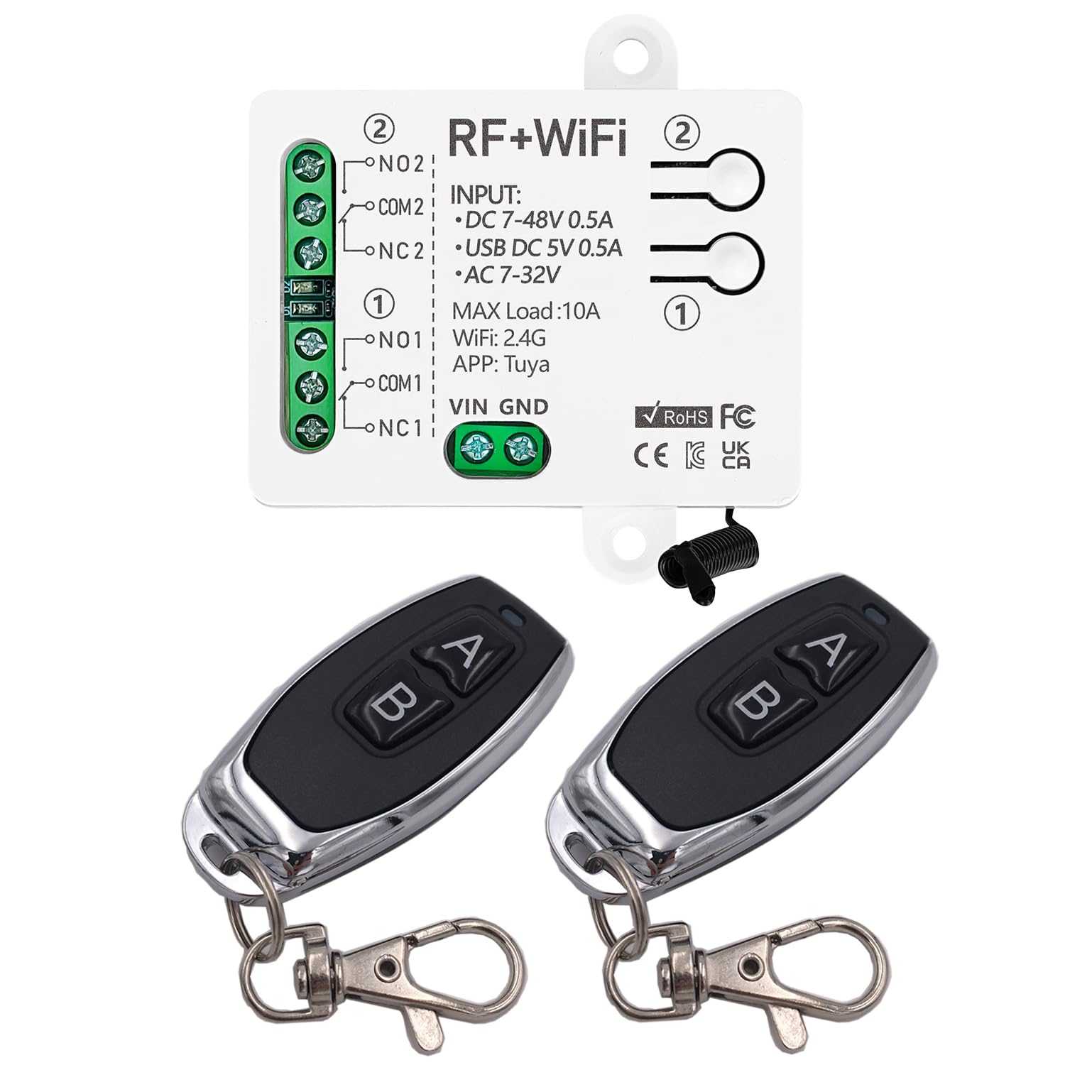 Intelligenter 2-kanal-wlan-schalter, Passives Relaismodul Mit Dc-ausgang (5 V, 12 V, 24 V, 36 V), Inklusive 2 Funkfernbedienungen, Kompatibel Mit Alexa/google Home