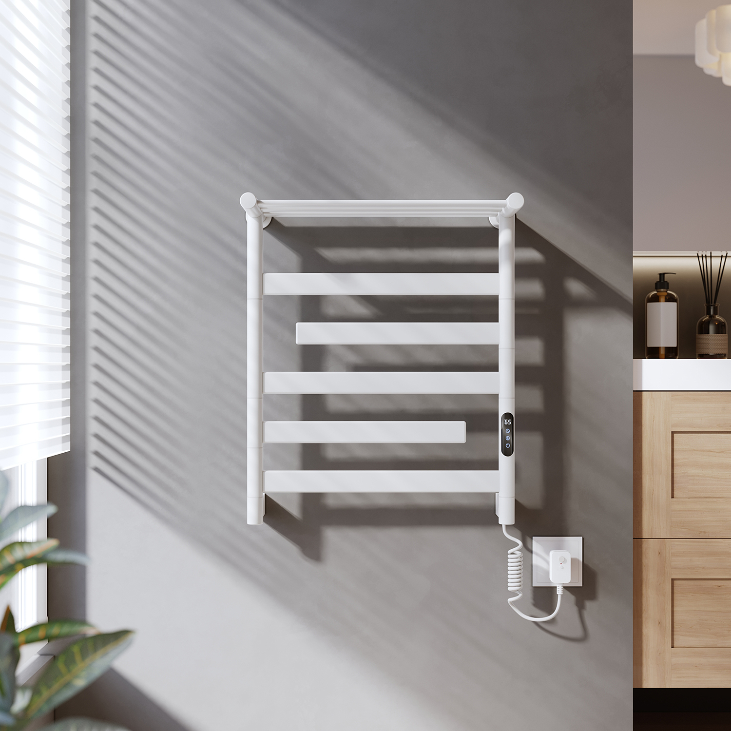 Sonni Elektrischer Handtuchhalter Aus Kohlefaser 660x550mm, 140w Handtuchwärmer Mit Beheizter Ablage Und Doppelten Drehbaren Armen Unterstützt Tuya-app & Sprachsteuerung, Weiß.
