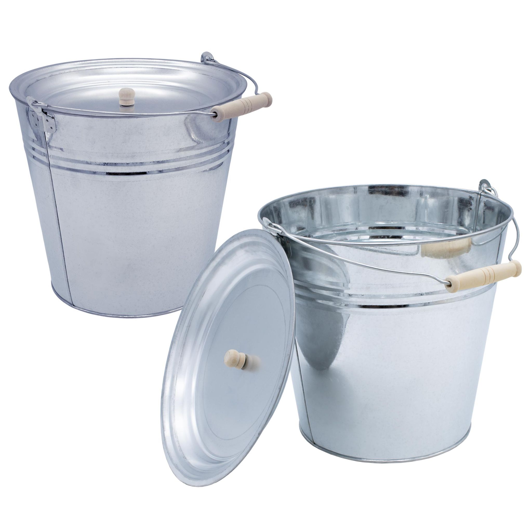 Deko Zinkeimer Silber 12 L Mit Holzgriff Und Deckel - 2er Set
