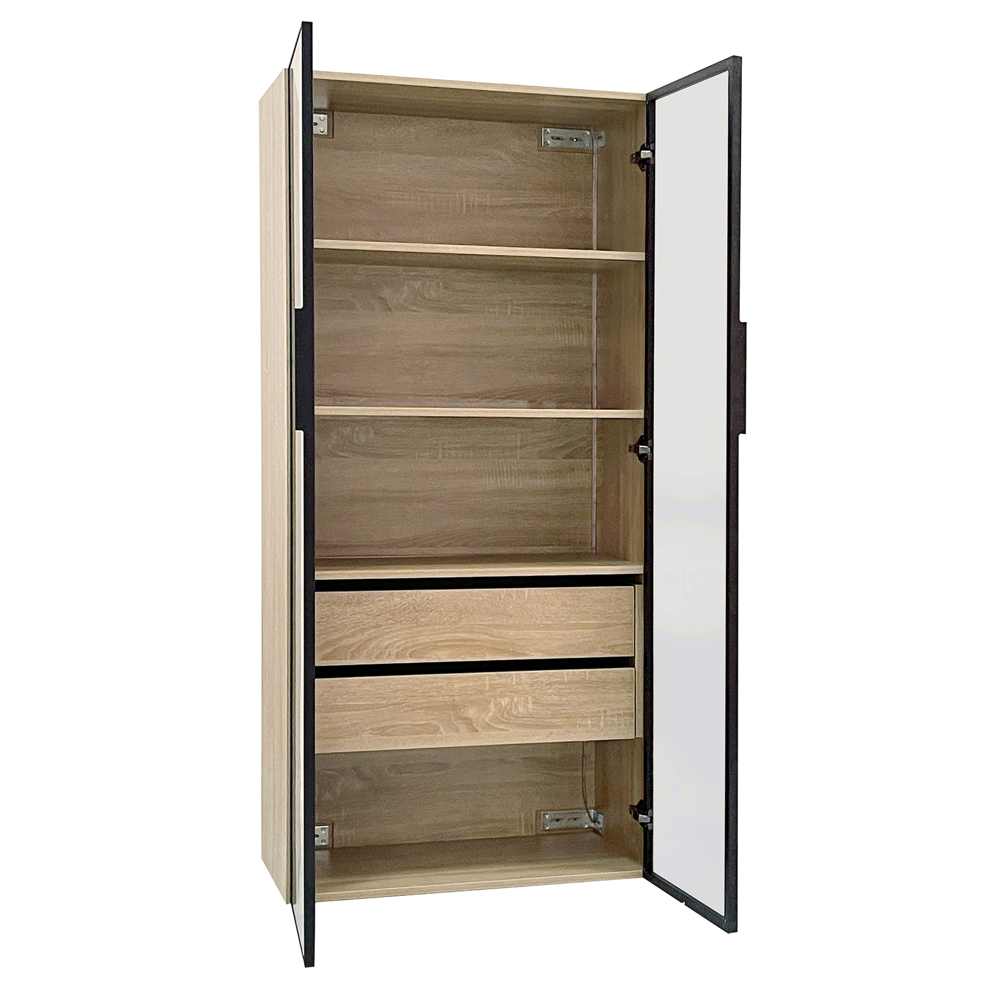 Badezimmerschrank 2er Set Mit 2 Milchglasturen 2 Schubladen Led Und Offenen Fachern Aus Mdf Naturfarbe