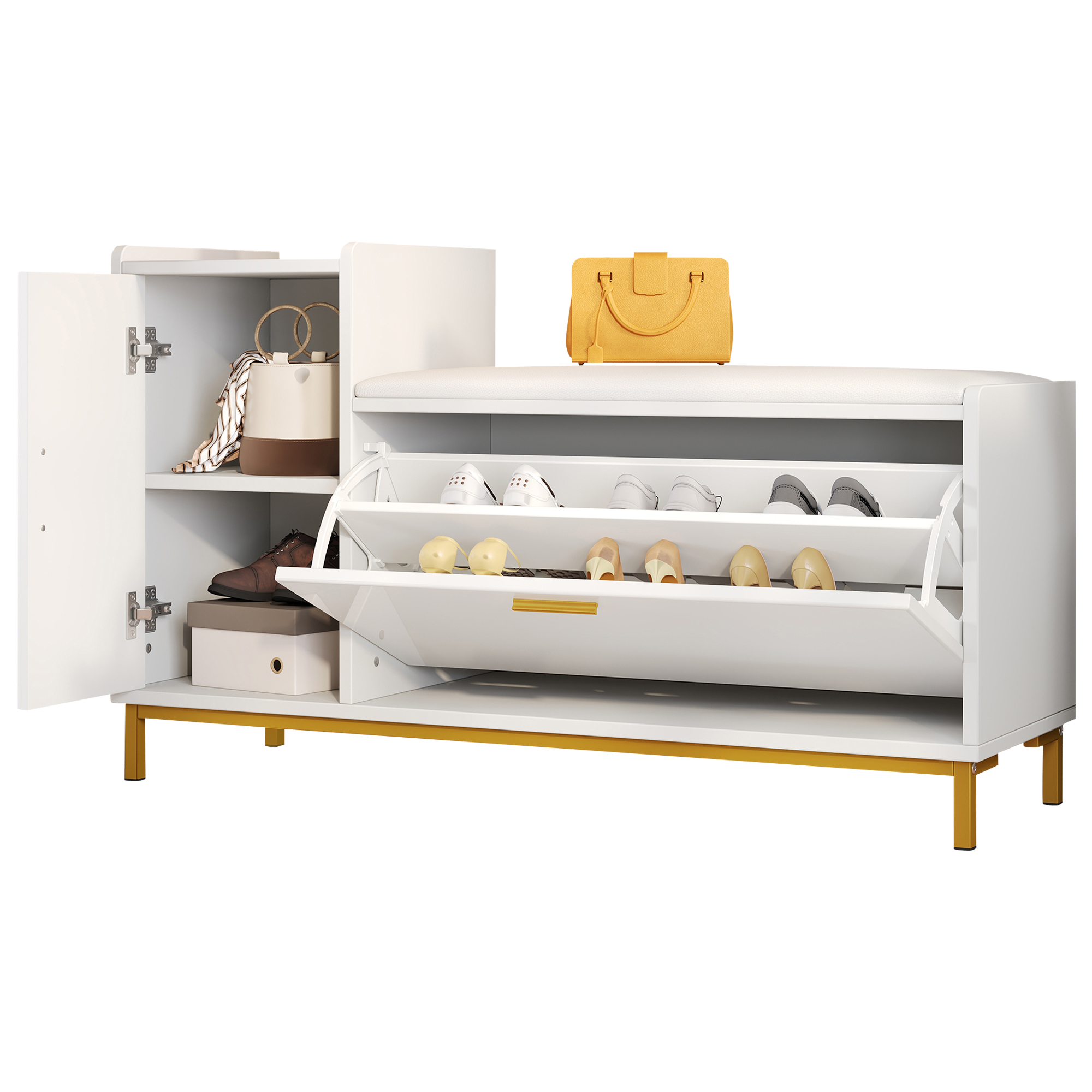 Schuhschrank Mit 2 Fächern Und 1 Tür, Gepolsterter Sitzfläche, Hochglanzfront, Aus Metall Und Spanplatte, 100×38×68 Cm
