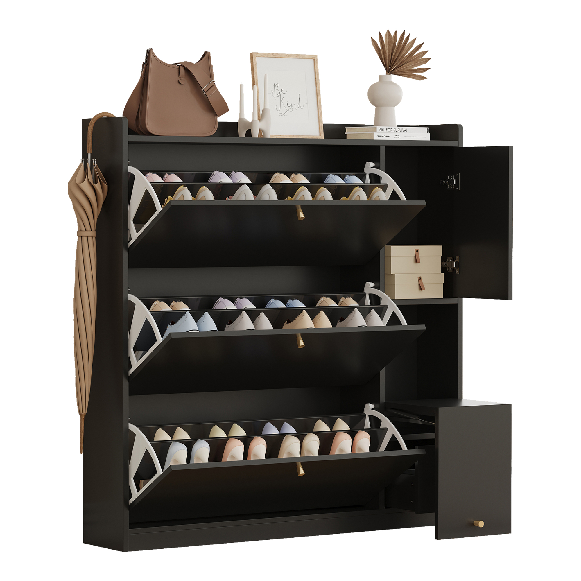Schuhschrank Mit 3 Klappen, 1 Schublade, Verstellbaren Einlegeböden Und Klappbarer Sitzbank, Aus Spanplatte, Schwarz, 119×24×122 Cm
