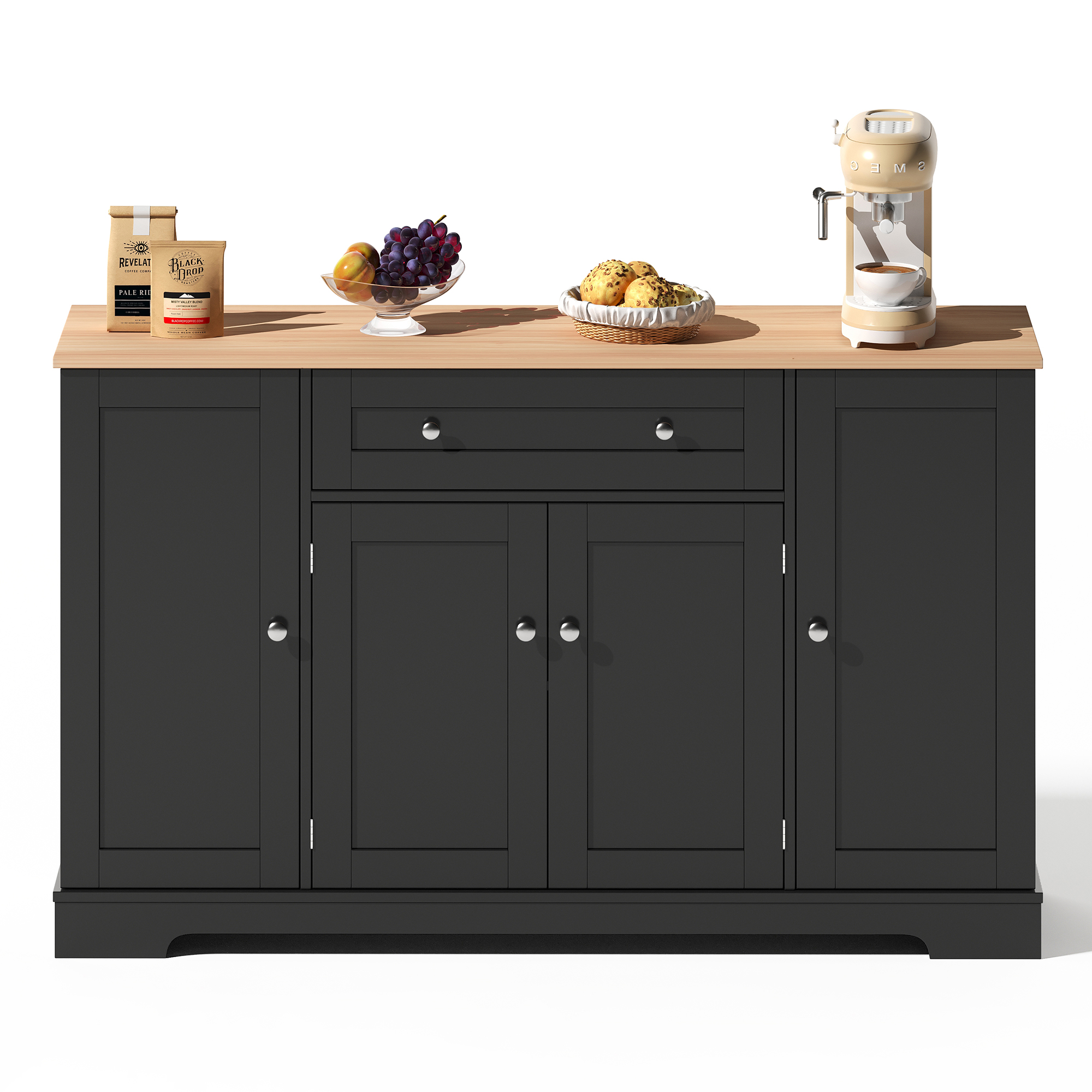 Küchenbuffet Mit 3 Türen, 1 Schublade Und Verstellbaren Einlegeböden, Mit Kippschutz, Aus Mdf, Schwarz