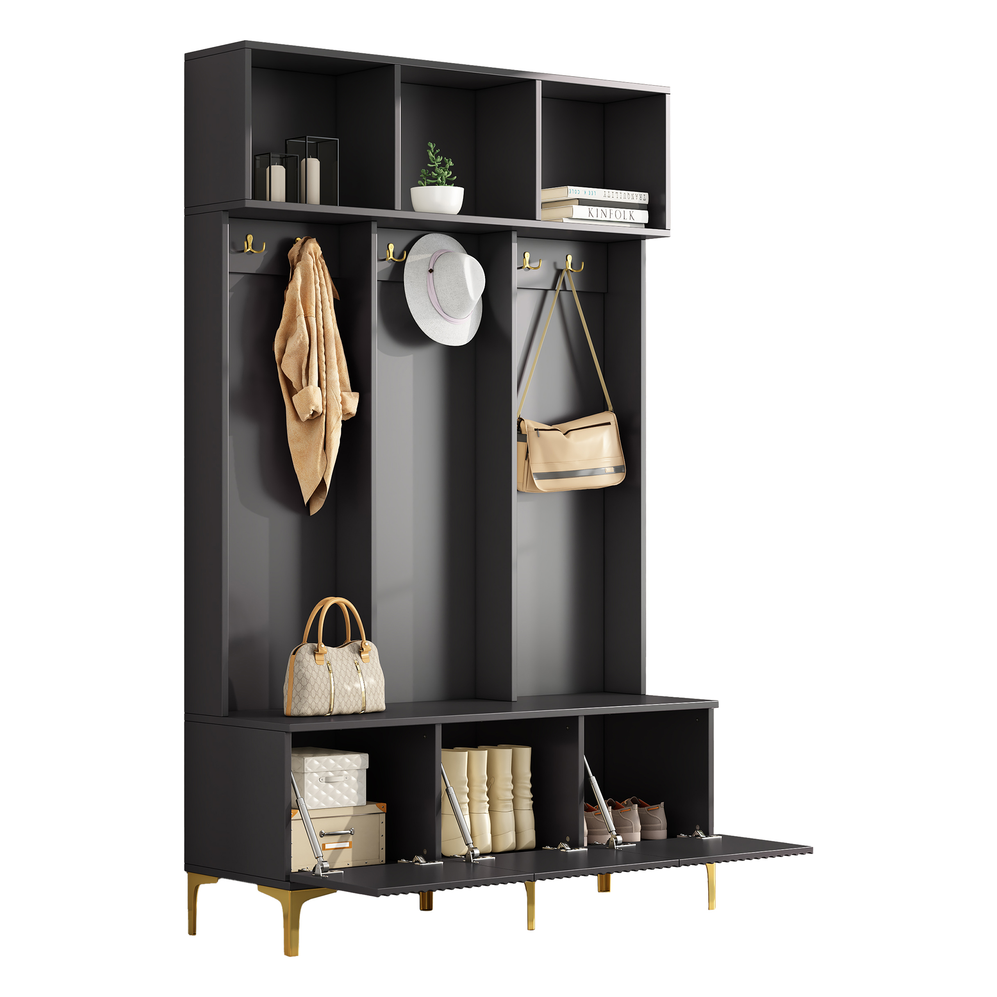 Garderobenset Mit Bank, Offenem Stauraum, 6 Goldenen Haken Und Schuhablagen, Aus Spanplatte 120x23.5x191.5 Cm