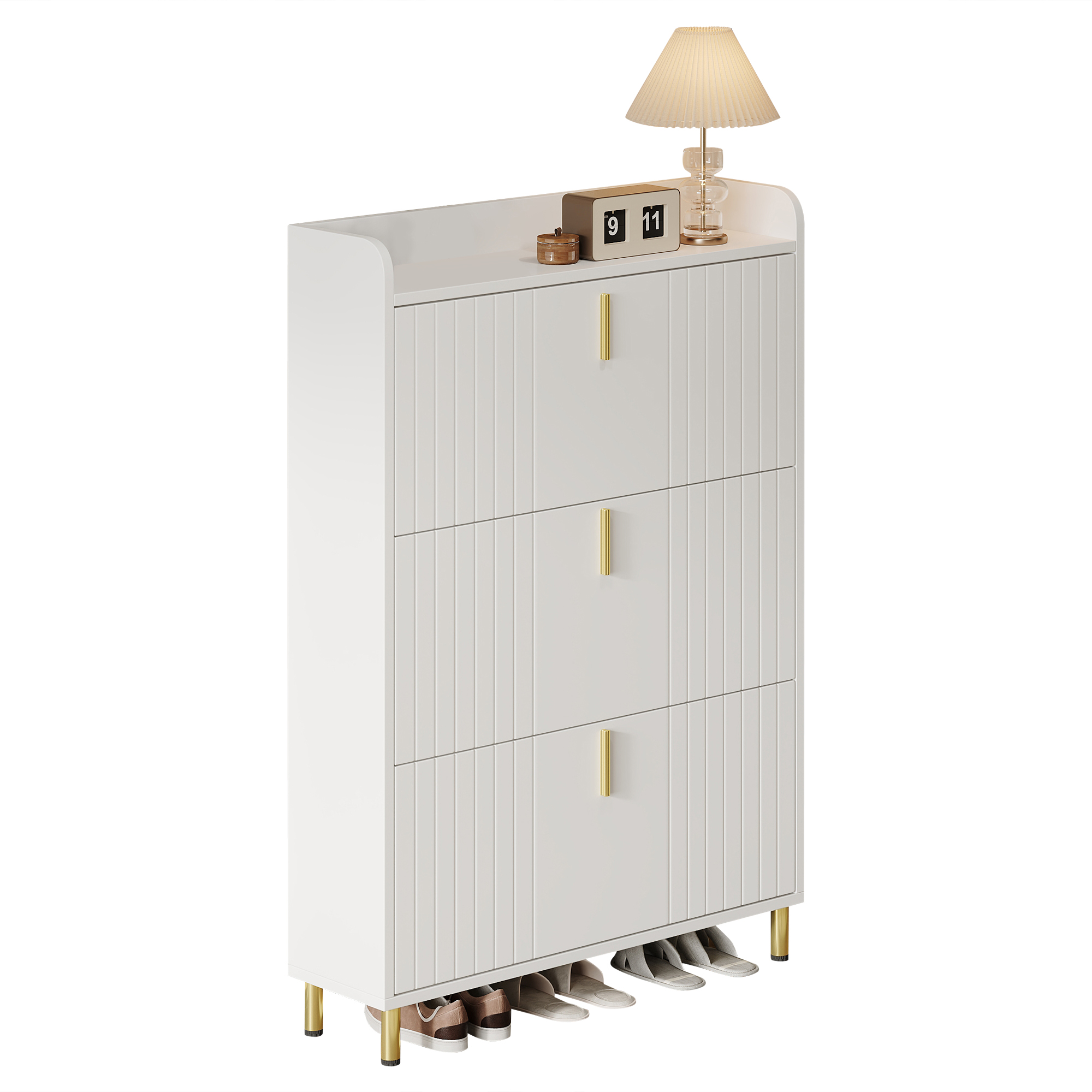 Schuhschrank Mit 3 Klappen Und Verstellbaren Einlegeböden Und Kippschutz Für Eingangsbereich Aus Mdf 80 × 23 × 123.5 Cm Weiß