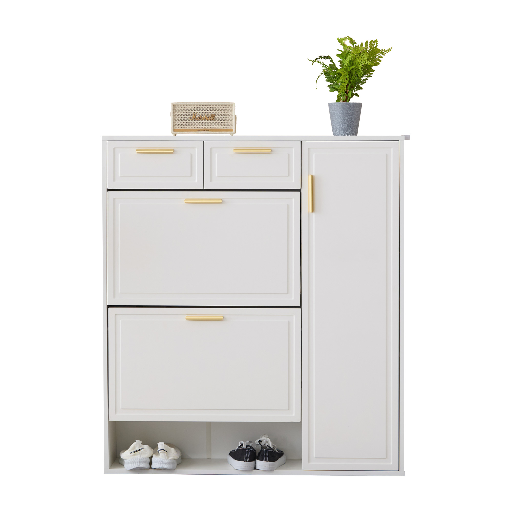 Schuhschrank Mit 2 Schubladen, 2 Türen, Verstellbaren Einlegeböden Und Offenen Fächern, Aus Spanplatte, Weiß, 95×24×107.5 Cm