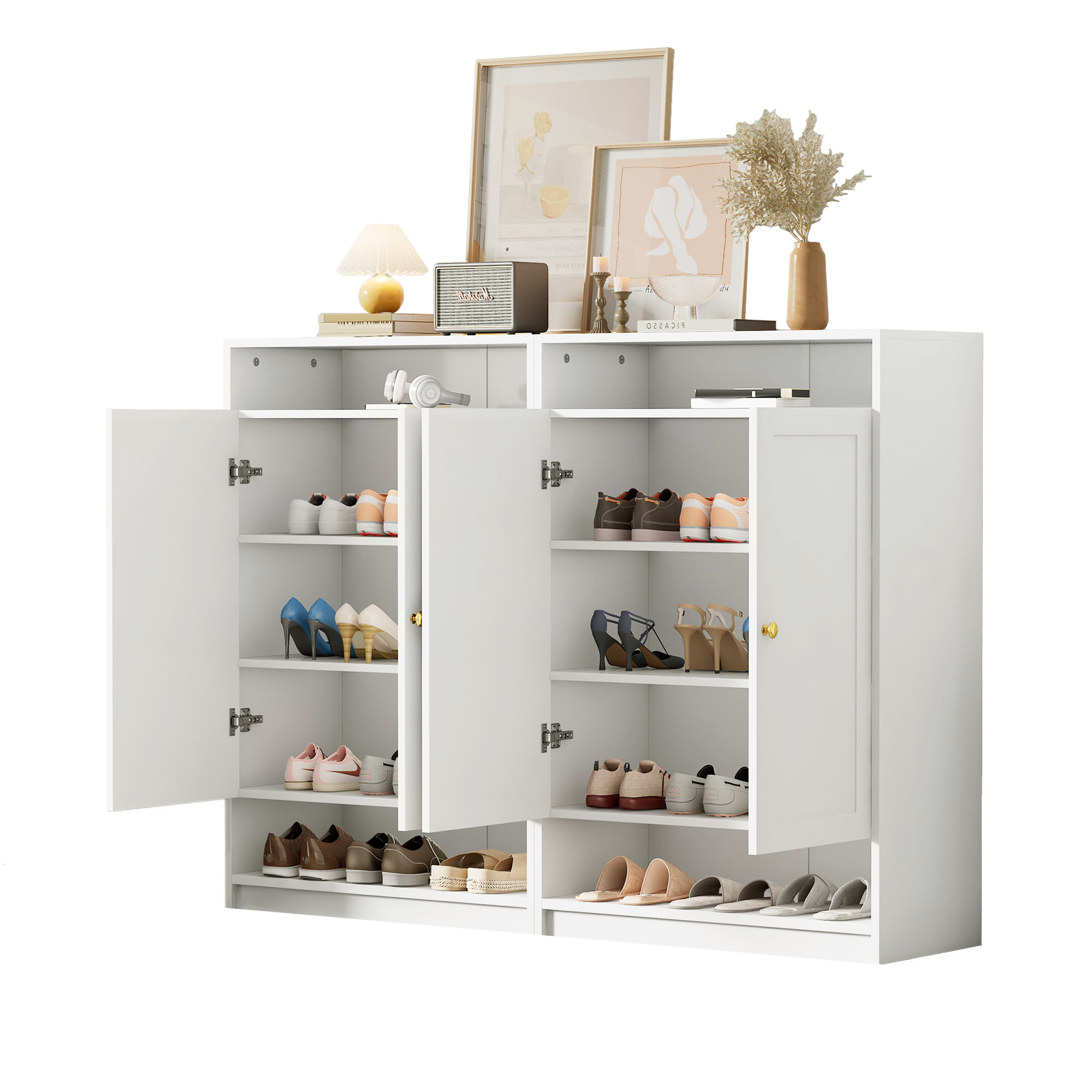 Schuhschrank Mit 2 Türen, Verstellbaren Einlegeböden Und Offenen Fächern Für Eingangsbereich, Aus Spanplatte, 146×34×109 Cm, Weiß