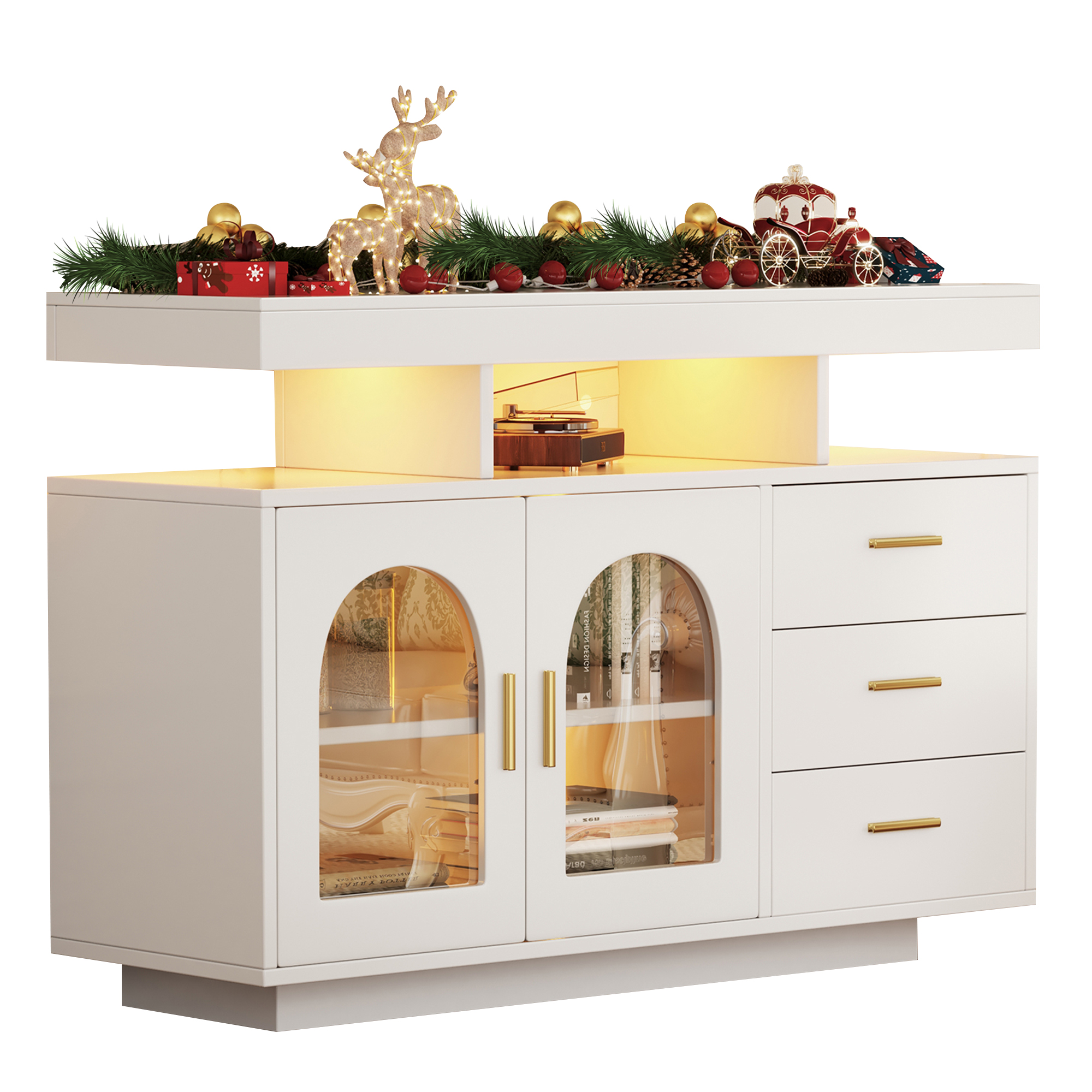Küchenbuffet Mit 3 Schubladen, 2 Türen, 4 Offenen Fächern Und Led, Hochglanz, Für Küche Aus Spanplatte 120×40×80 Cm Weiß