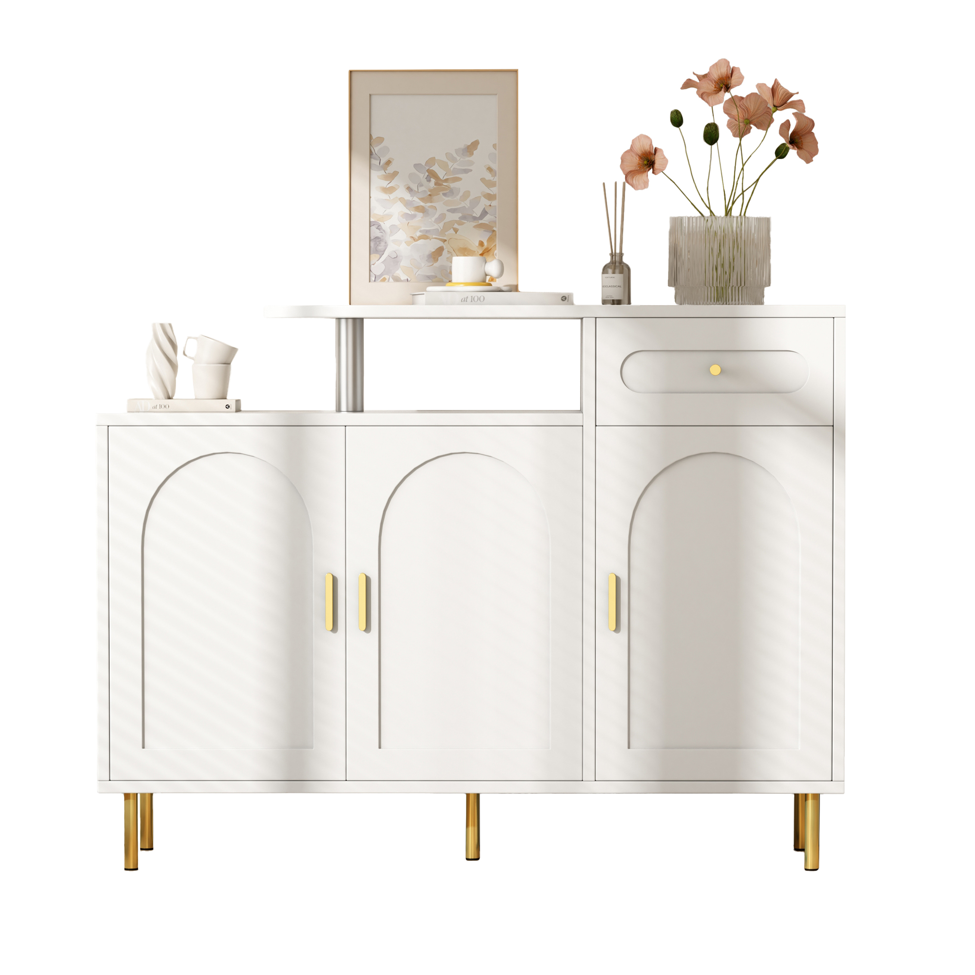 Schuhschrank Sideboard Mit 3 Türen Und 1 Schublade, Metallgriffen Und Metallfüßen, Aus Spanplatte, 120×35×92 Cm, Weiß