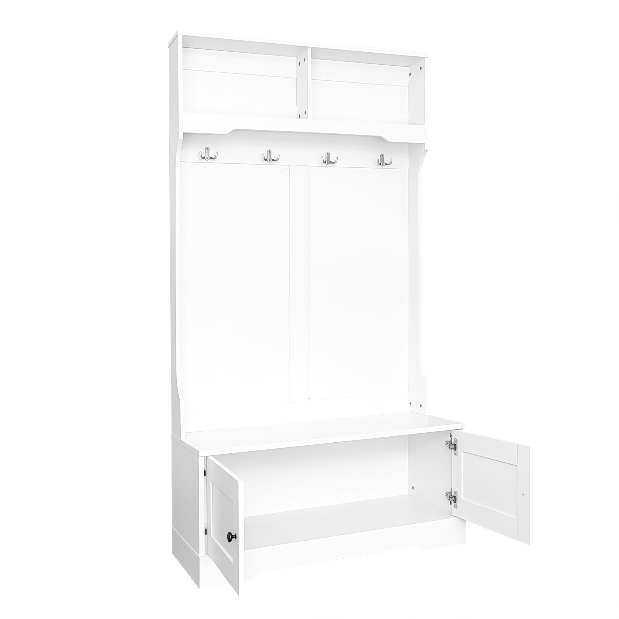 Garderobenmöbel Mit 2 Türen, 2 Offenen Fächern, 4 Haken Und Sitzbank Mit Stauraum Für Eingangsbereich Aus Spanplatte Weiß 101.5×183 Cm
