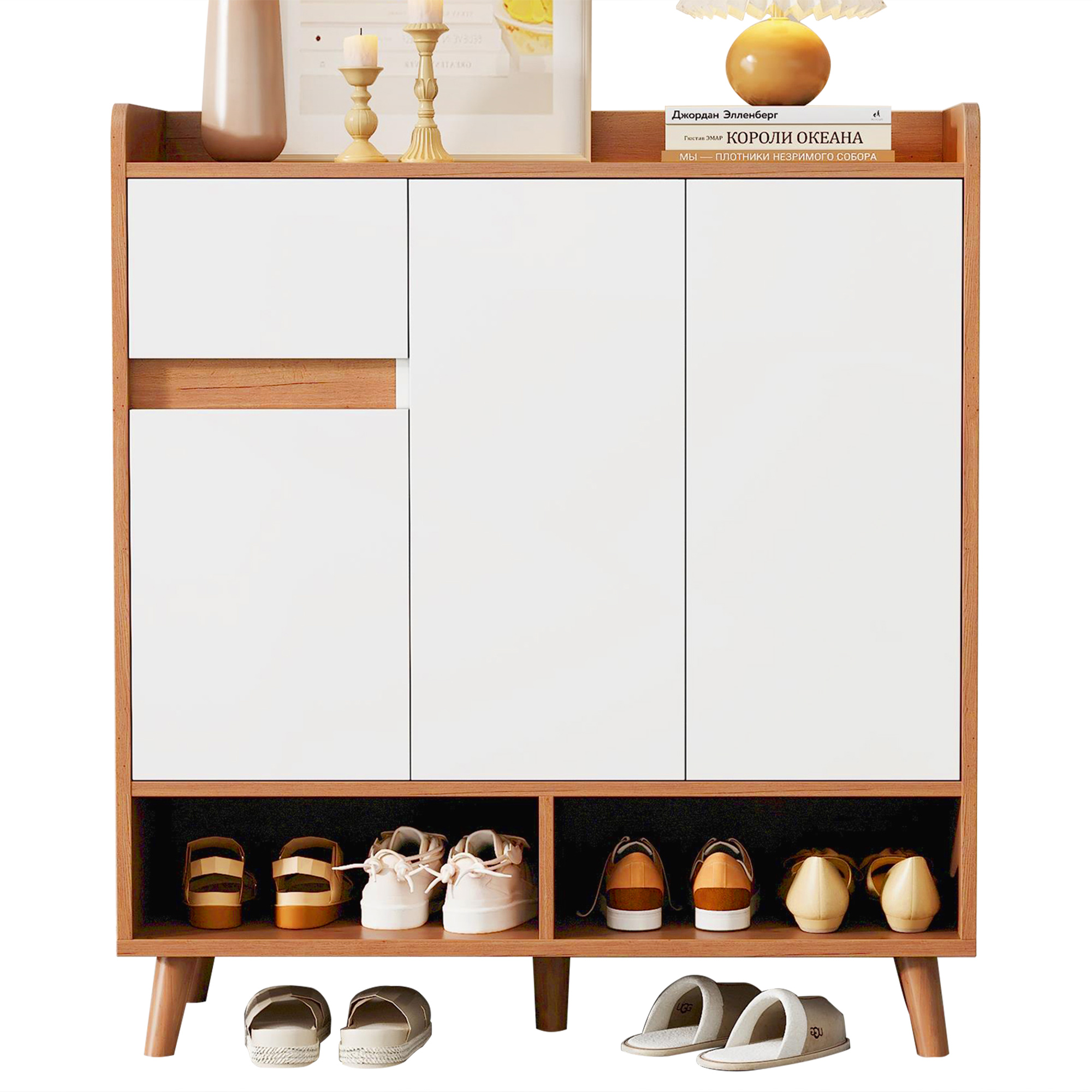 Schuhschrank Mit 2 Schubladen, 2 Türen Und Verstellbaren Einlegeböden, Aus Spanplatte, Weiß Und Natur, 90×35×99 Cm