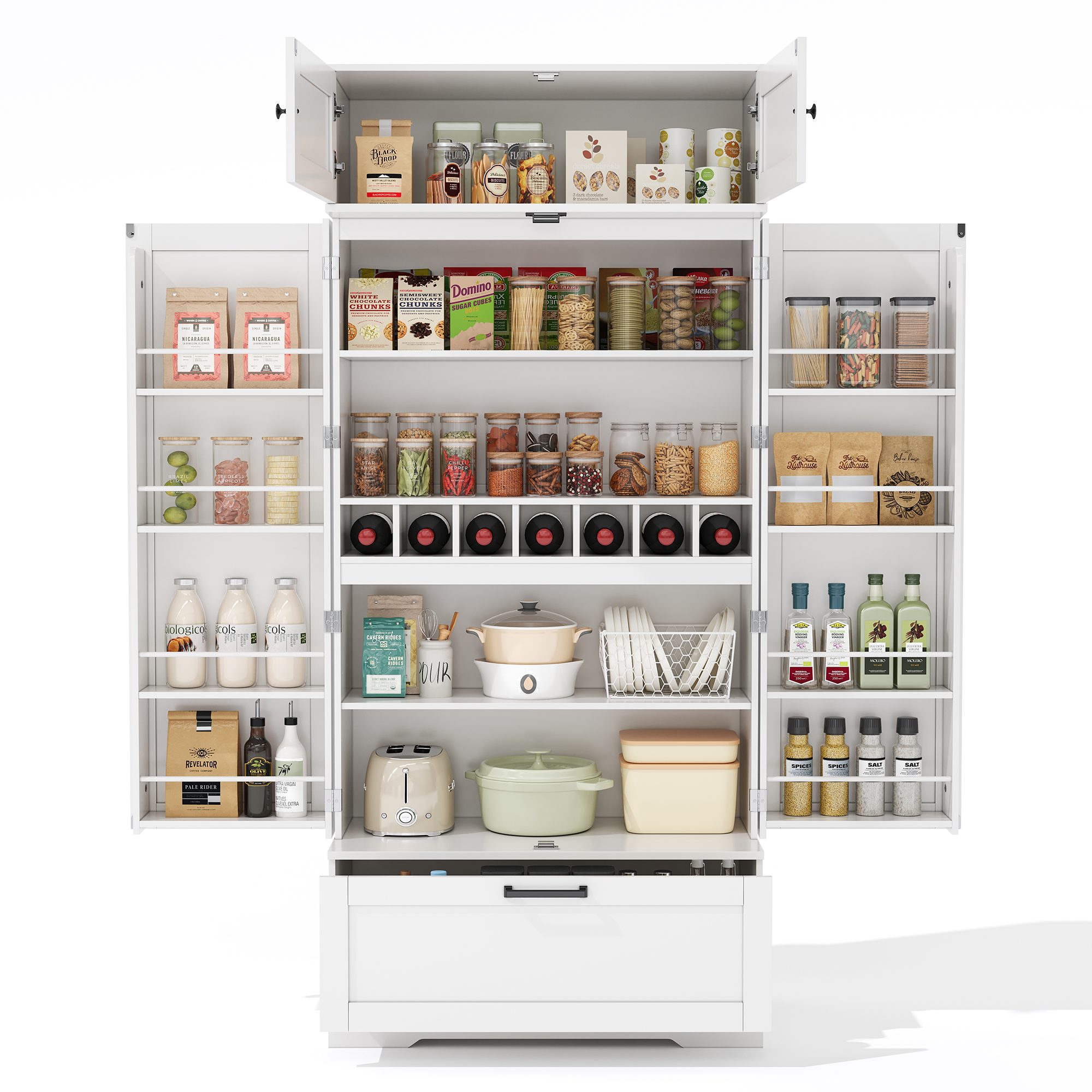 Kuchenbuffet Mit 1 Schublade, 7 Weinfachern Und 2 Verstellbaren Einlegeboden, Fur Esszimmer, Mdf, 80×40×180 Cm