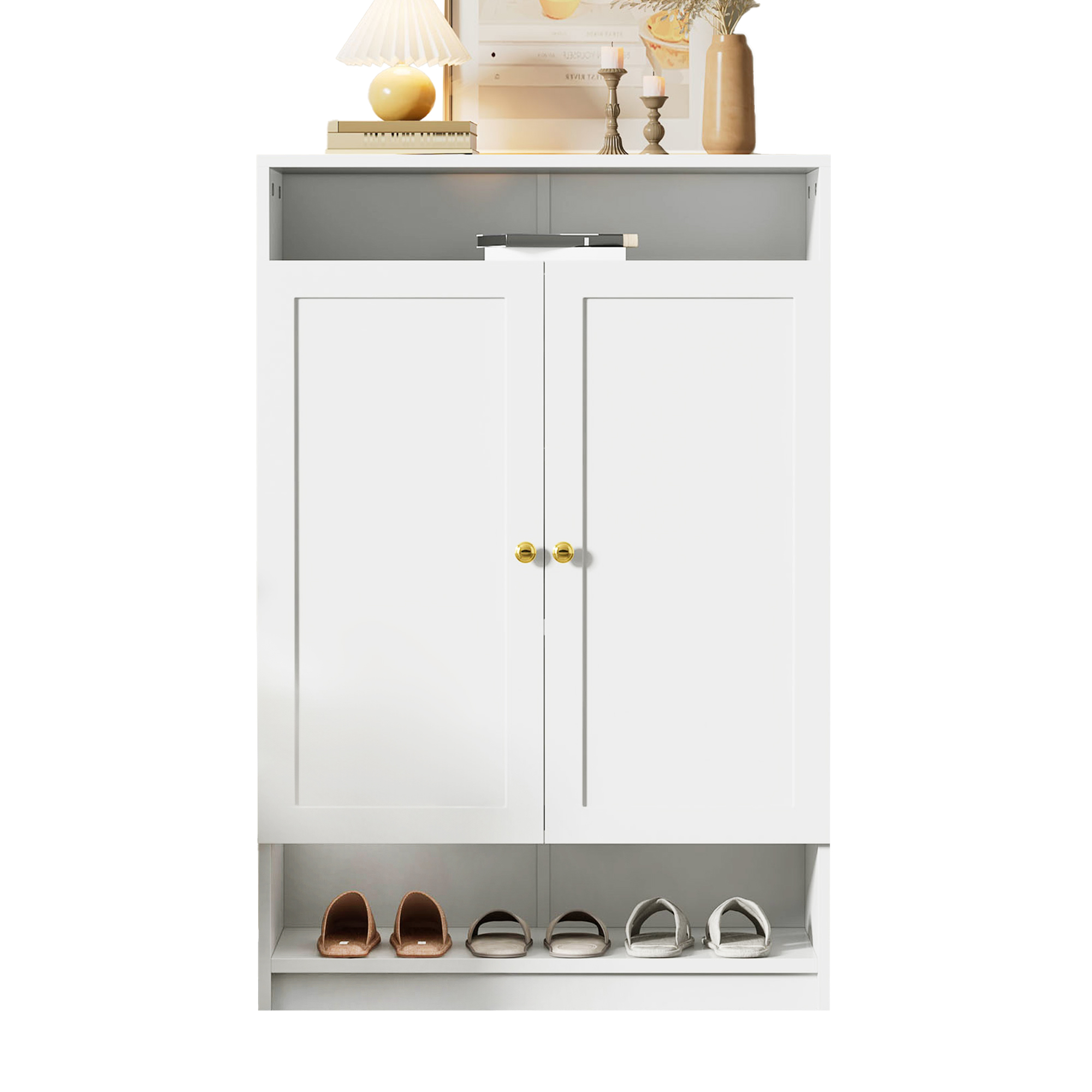 Schuhschrank Mit 2 Türen, Verstellbaren Einlegeböden Und Offenen Fächern, Aus Spanplatte, 73×34×109 Cm, Weiß