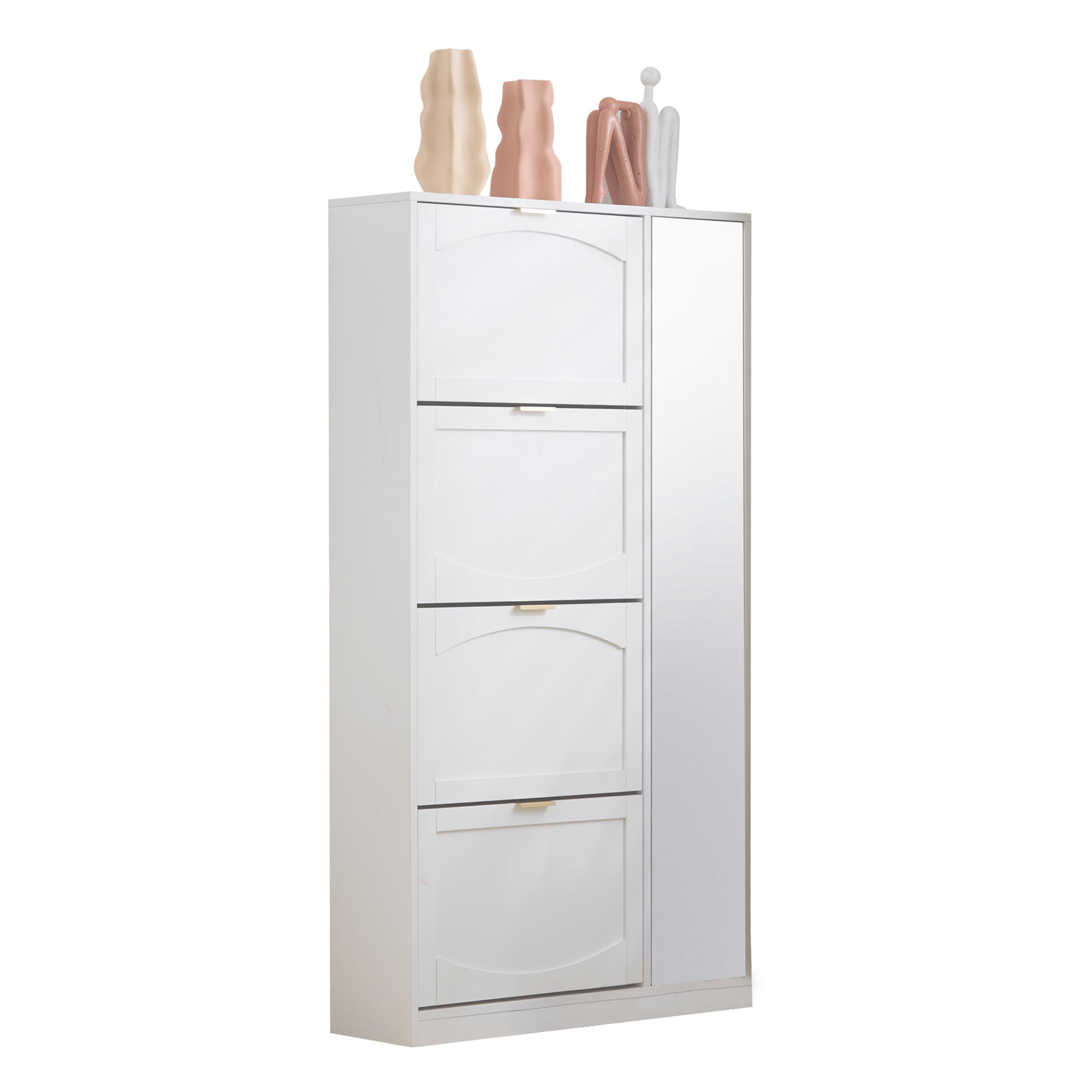 Schuhschrank Mit 4 Klappfächern, Verstellbaren Regalböden Und Spiegeltüren Für Den Flur, Aus Spanplatte, Weiß, 80×24×147 Cm