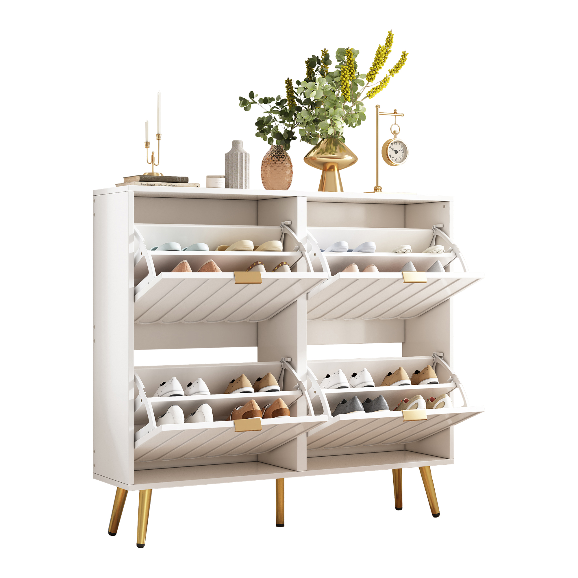 Schuhkipper Mit 4 Klappen Und Verstellbaren Trennwänden, Mit Kippschutz, Aus Mdf Und Spanplatte, 100×24×91.5 Cm, Weiß