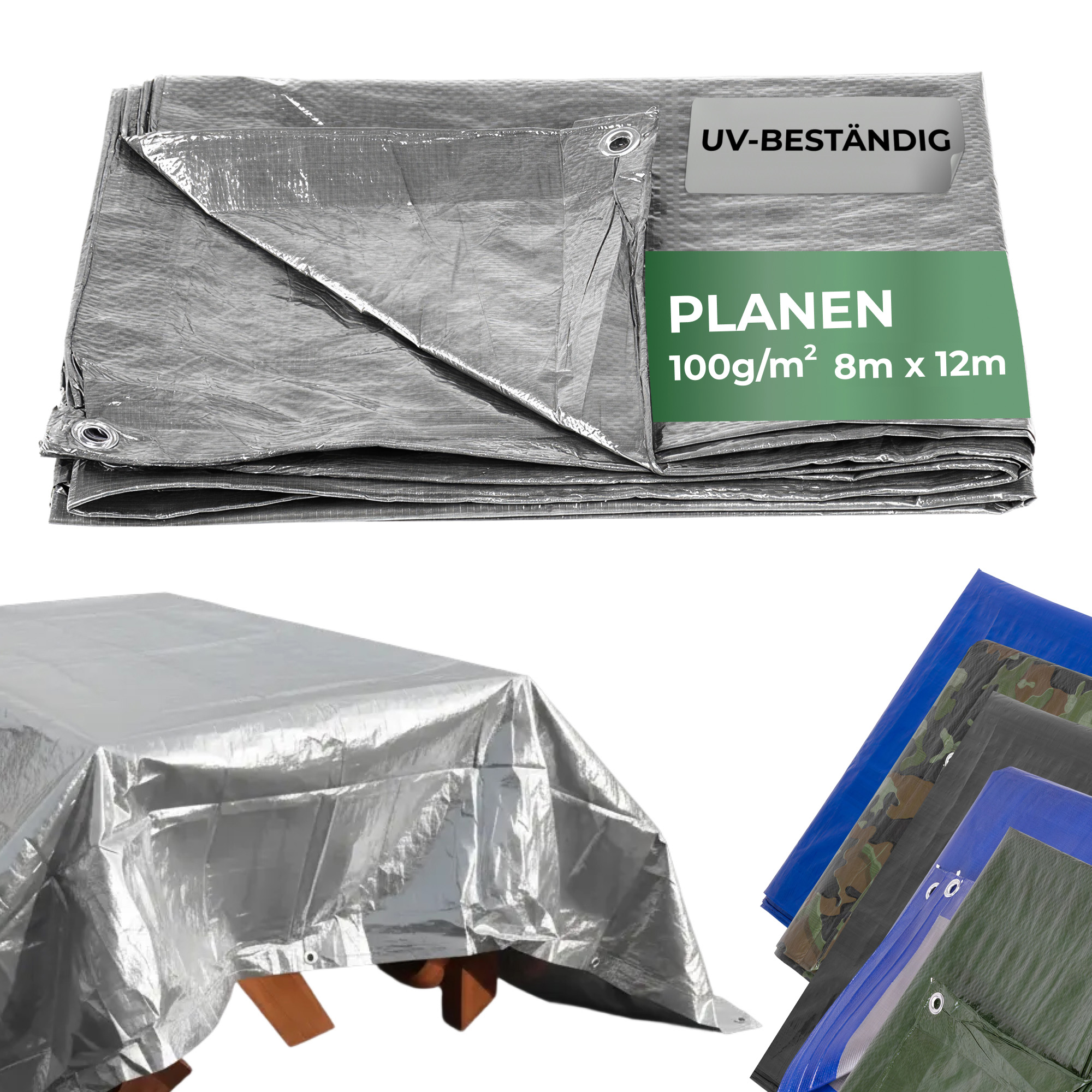 Plane Tarpaulin Medium 8x12 M, 100 G/m, Abdeck-, Silver, Silber, Mit Ösen