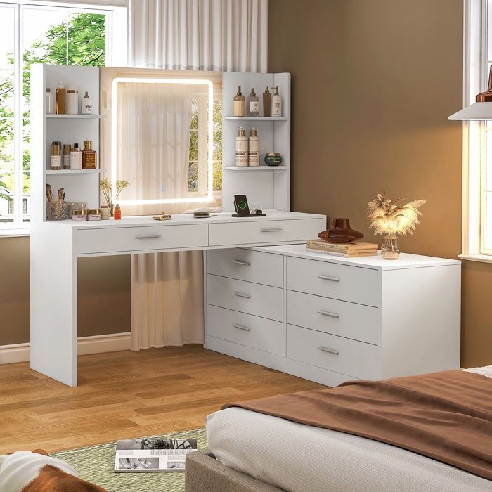 Friseurin - Teenfon - Teenfon - Led-spiegel 3 Farben - 8 Schubladen & 4 Regale - L-förmige Anordnung (ecke)