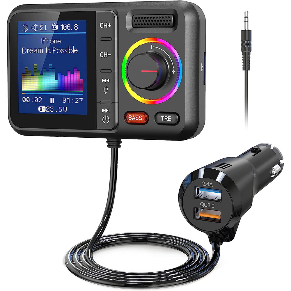 Bluetooth-fm-transmitter Fürs Auto, Bt5.0 Mit Großem Farbdisplay, Freisprechfunktion Und Mp3-musikplayer