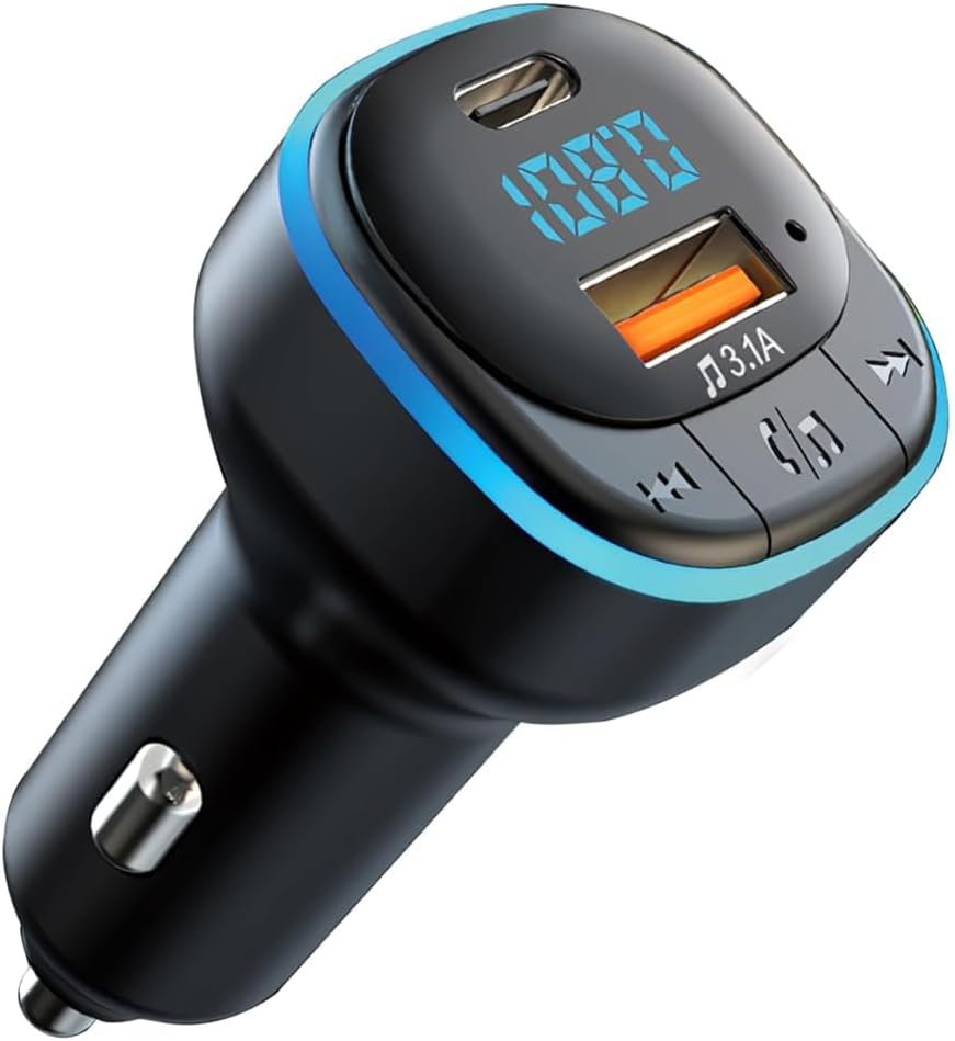 Bluetooth 5.0 Fm-transmitter, Bluetooth-kfz-adapter Mit Usb 3.1a- Und Typ-c-anschlüssen, Blau-verlaufende Led-beleuchtung, Musikwiedergabe, Freisprechfunktion, Usb-stick
