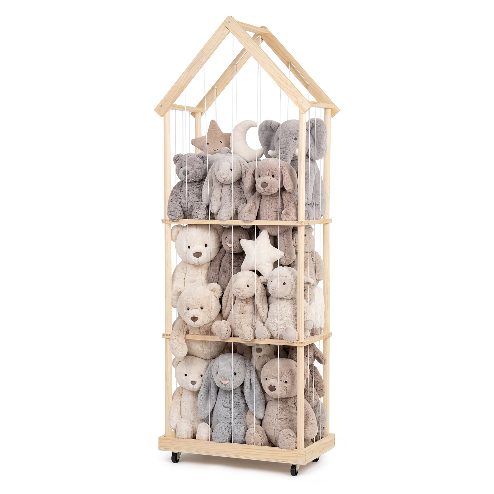 Todeco Holz Kuscheltier Aufbewahrung, Mit 360°bremse Ausgestattete Räder, 164x32x58cm Plüschtier Organizer Für Kinderzimmer, Spielzimmer, Wohnzimmer, Drei Etagen