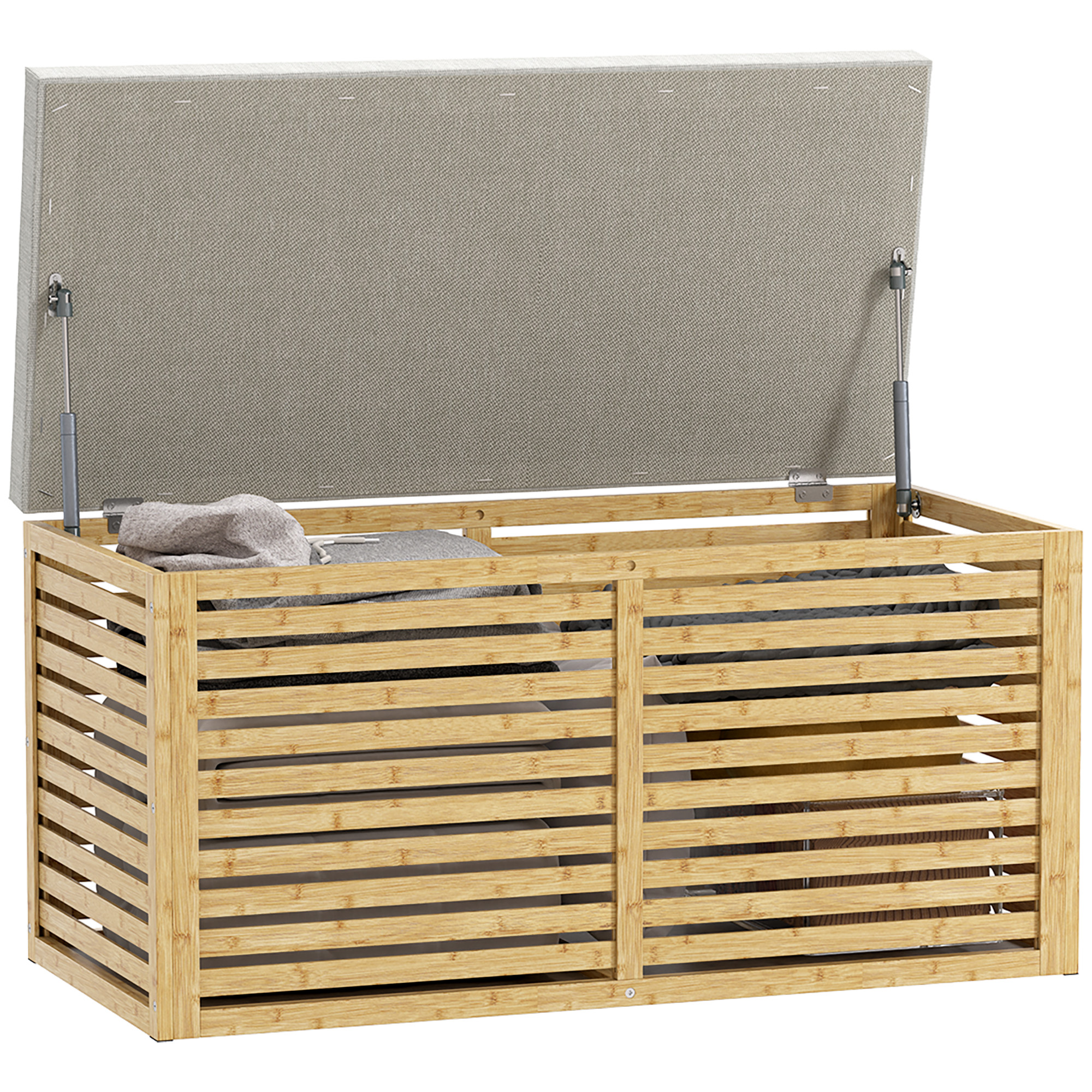 Aufbewahrungstruhe, 122 L, Futter Aus Synthetischem Leinen Mit Kissen, Bambusrahmen, 90 X 42 X 43 Cm, Grau Und Natur