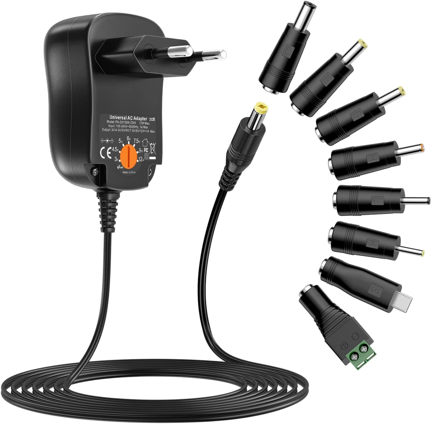 12w, 3v, 4,5v, 5v, 6v, 7,5v, 9v, 12v, 1a Universal-wechselstrom-zu-gleichstrom-netzteil, Schaltnetzteil, Transformator Mit 8 Dc-anschlüssen Für Elektronische Haushaltsgeräte, 1000ma Max.