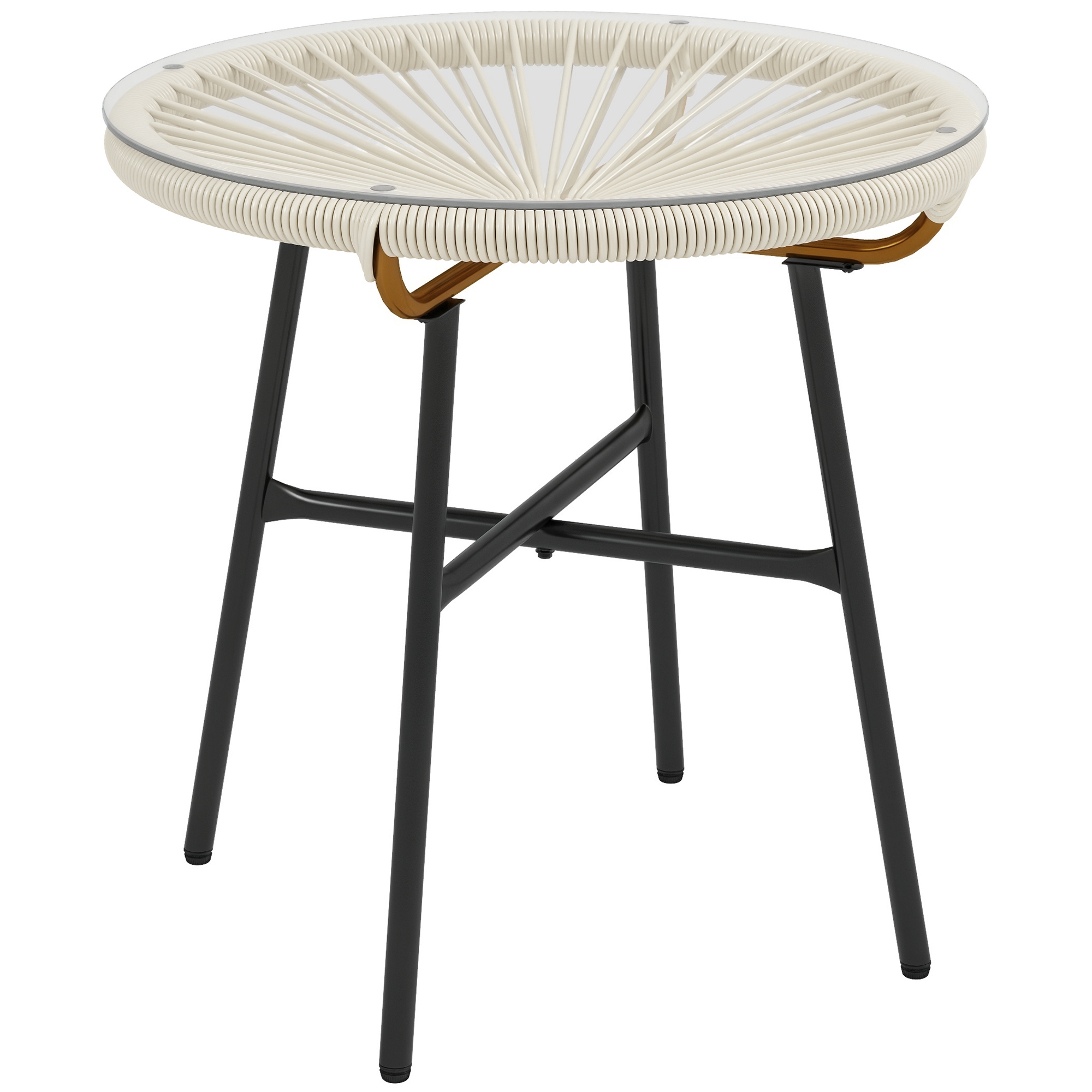 Runder Beistelltisch Aus Synthetischem Rattan Für Den Außenbereich, Tischplatte Aus Gehärtetem Glas Ø50x50 Cm, Cremefarben
