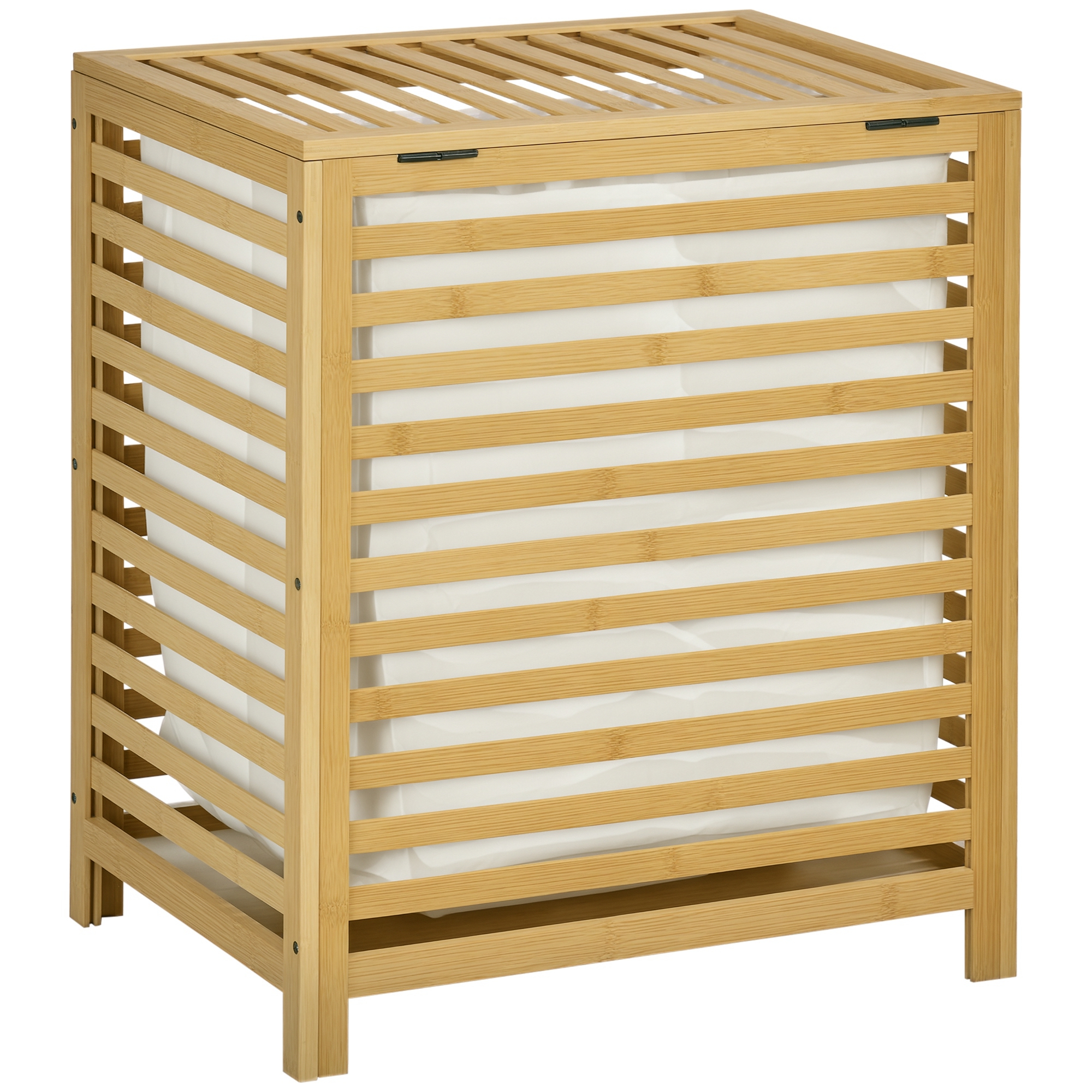 Wäschekorb Aus Bambus Und Polyester Mit Lattenrost, Deckel Und Herausnehmbarem Beutel, 50 X 36 X 60 Cm