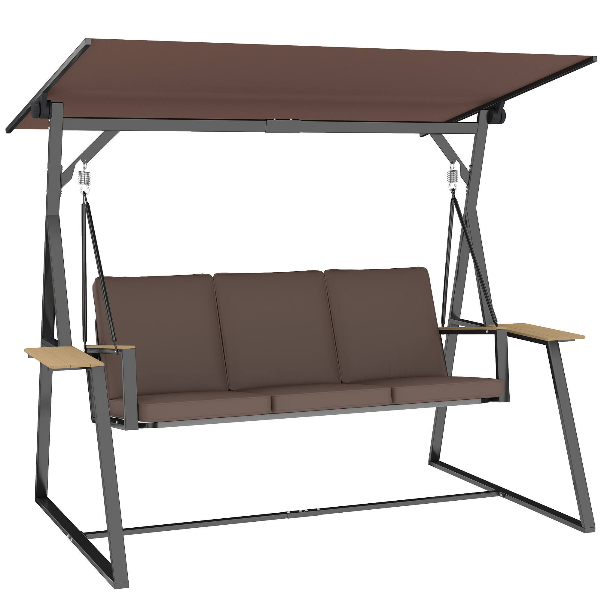Dreisitzer-gartenschaukel Mit Verstellbarem Sonnendach, Zwei Plattformen, Kissen Und Metallgestell, Tragkraft 360 Kg, Braun