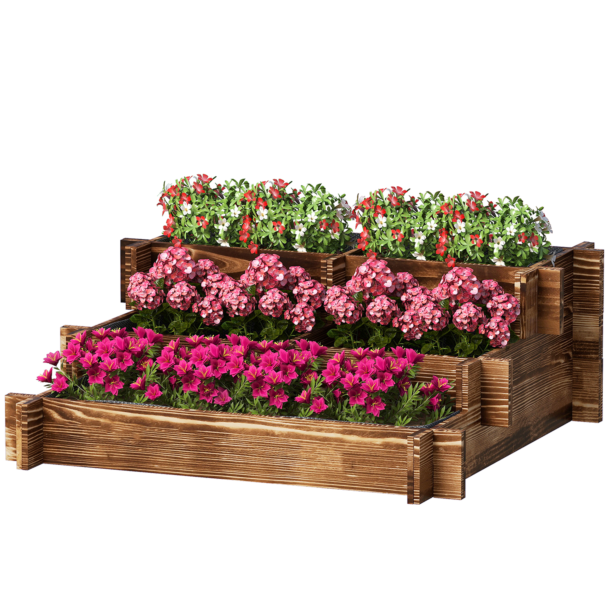Dreistufiger Pflanzkasten Mit Leiter Und Vliesstoff Zum Bepflanzen Von Blumen, 93 X 93 X 35 Cm, Karbonisiert