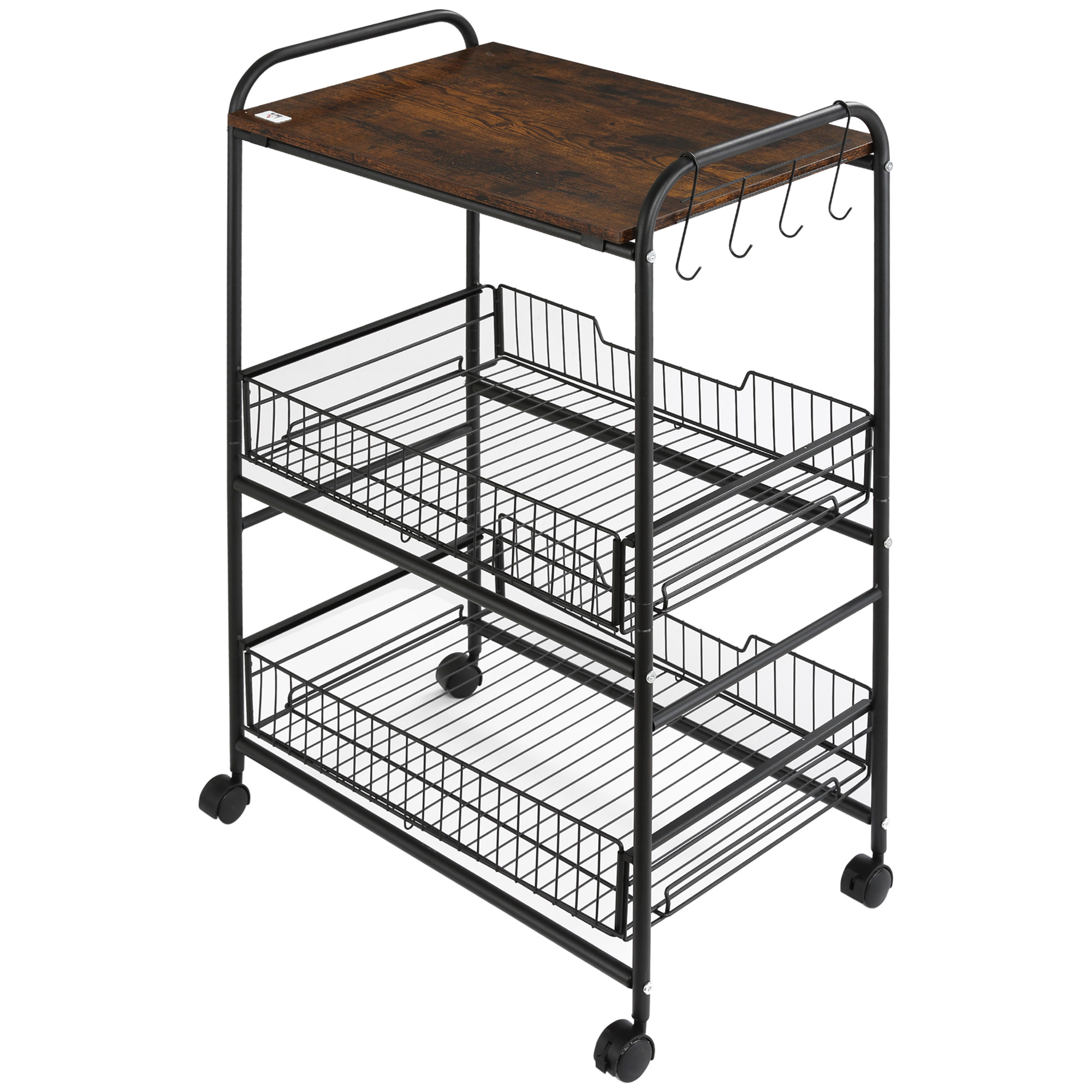 Dreistöckiger Küchenwagen Mit 2 Körben Und 4 Haken, 60 X 38 X 85,5 Cm, Rustikal Braun
