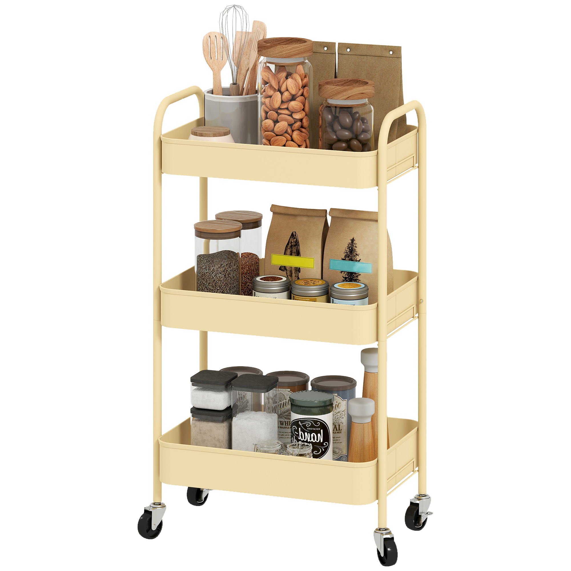 Dreistöckiger Rollwagen, Küchenwagen Mit 3 Körben Und 2 Griffen, 45 X 30,6 X 79 Cm, Gelb