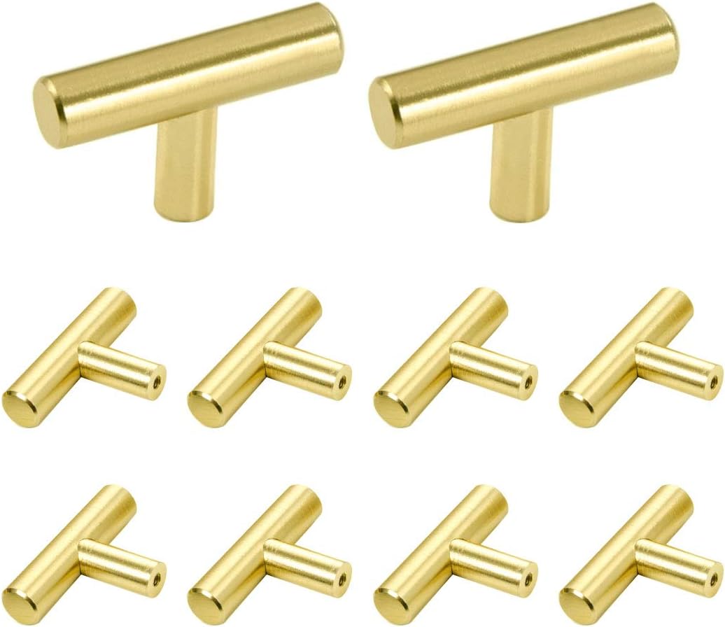 Set Mit 10 T-förmigen Griffen Aus Gebürstetem Edelstahl Für Küchenschranktüren Mit 50 Mm Lochabstand, Goldfarben.