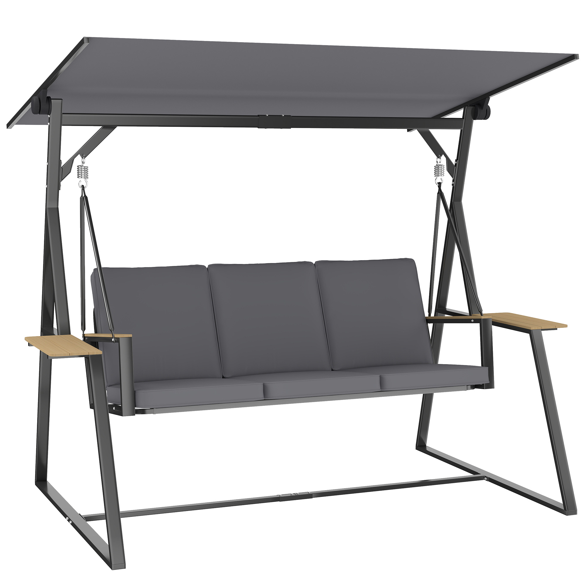 Dreisitzer-gartenschaukel Mit Verstellbarem Sonnendach, Zwei Plattformen, Kissen Und Metallgestell, Tragkraft 360 Kg, Grau