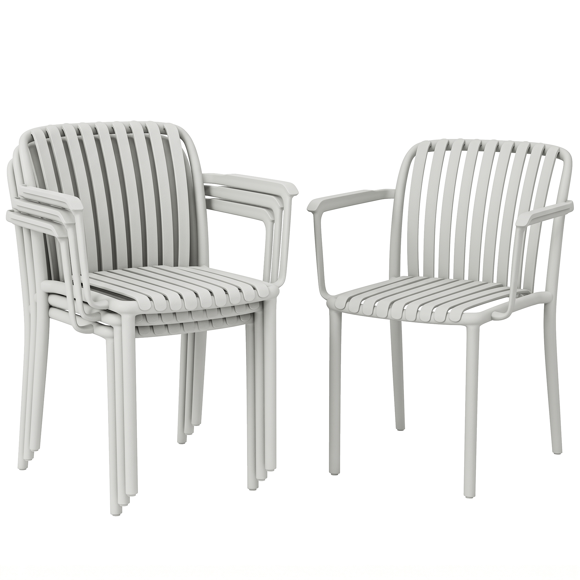 Set Mit 4 Stapelbaren Gartenstühlen Mit Armlehnen, Lattenrost Aus Kunststoff, Grau