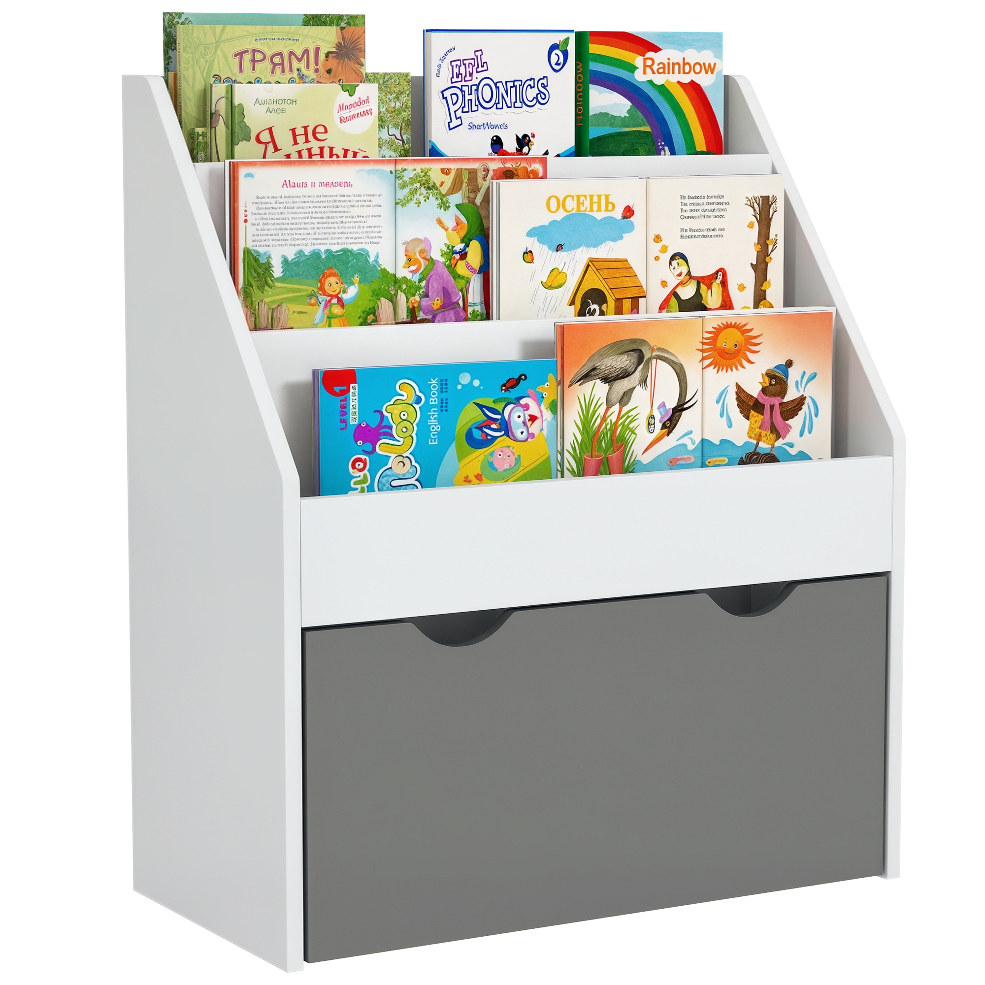 Kinderbücherregal Für Kinder Von 3 Bis 8 Jahren Mit 3 Regalböden Und Einer Schublade Unten, Aus Mdf, 62,5 X 30 X 70 Cm, Grau