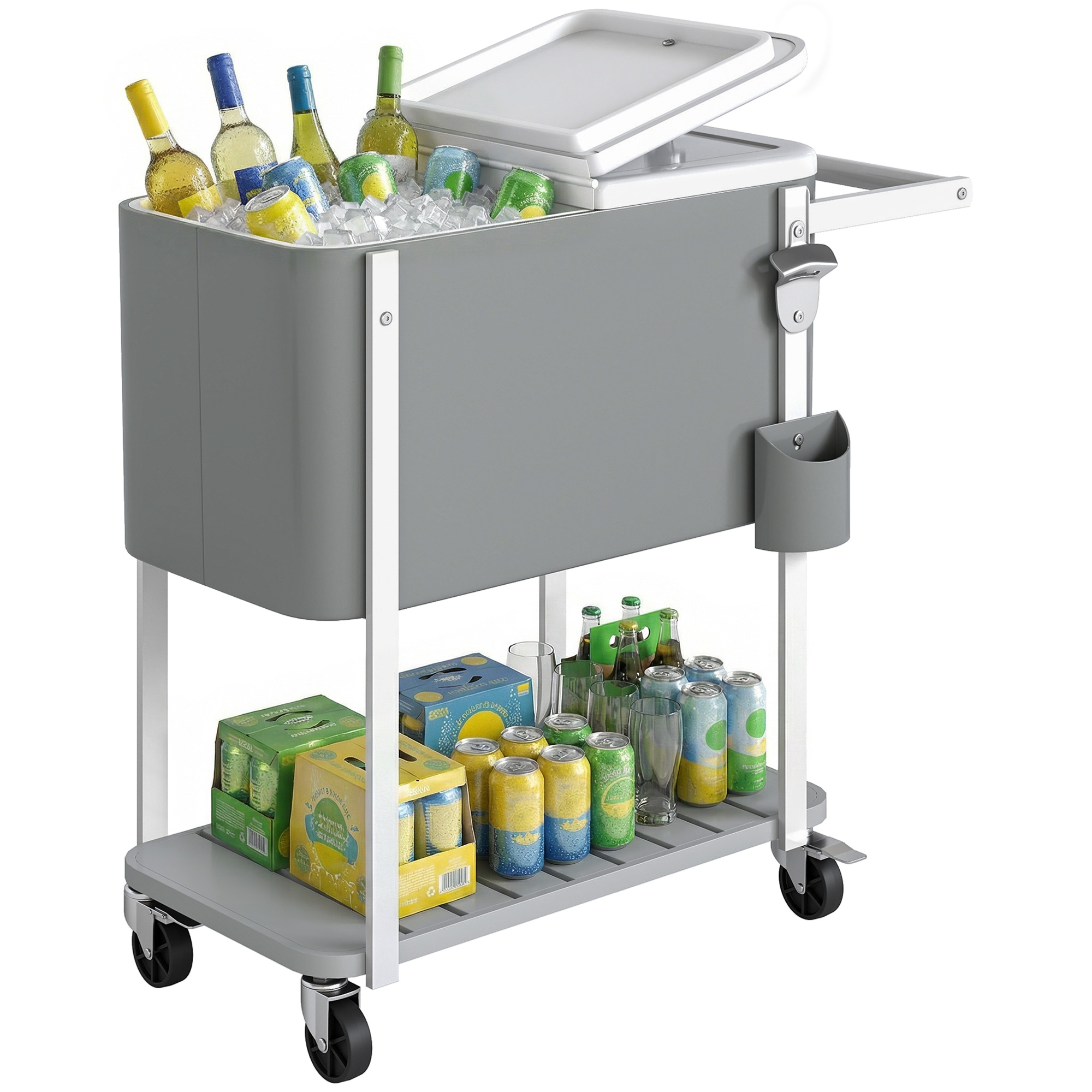 Isolierter Servierwagen (56 L) Mit Rollen, Ablage, Flaschenöffner, Zehenschutz, Ablassstopfen Und Griff Für Die Terrasse, 84 X 38 X 83 Cm, Grau