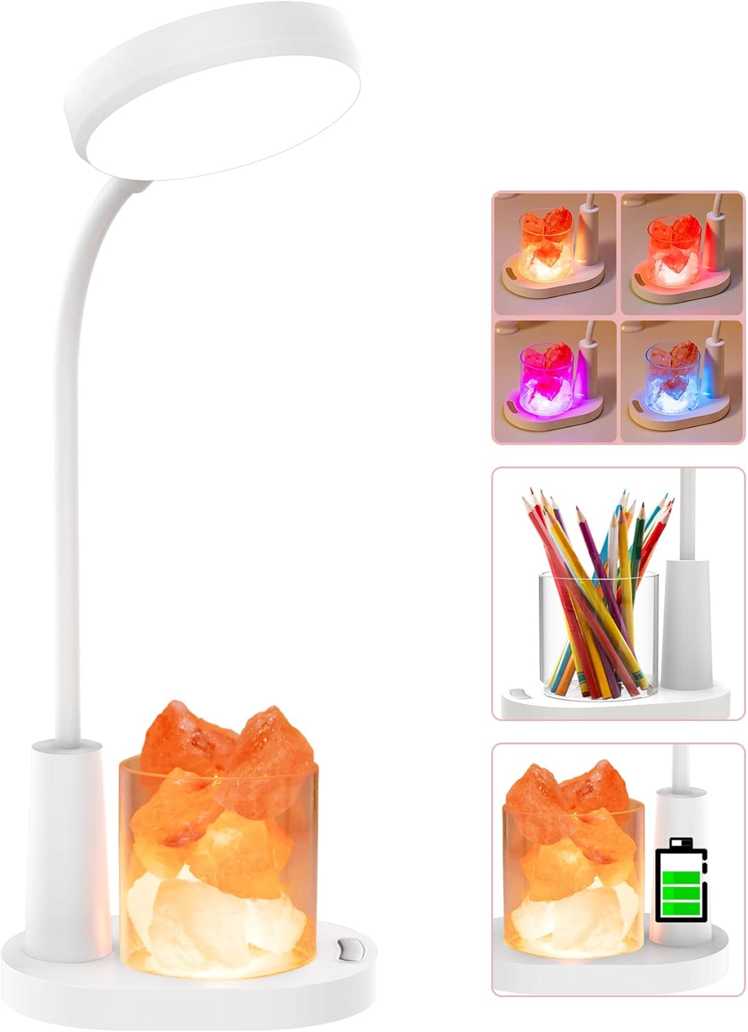 Kinder-schreibtischlampe, Himalaya-salz-tischlampe, Automatische Farbwechsel-nachttischlampe Mit Stifthalter, Verstellbare, Wiederaufladbare Leselampe Für Kinder – Weiß