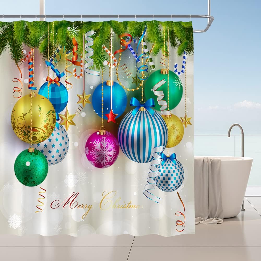 Weihnachtlicher Duschvorhang Mit Bunten Weihnachtskugeln, Tannenzweigen, Weißer Schneeflocke, Süßigkeiten Und Luftschlangen, Mit Haken, 150 X 180 Cm.