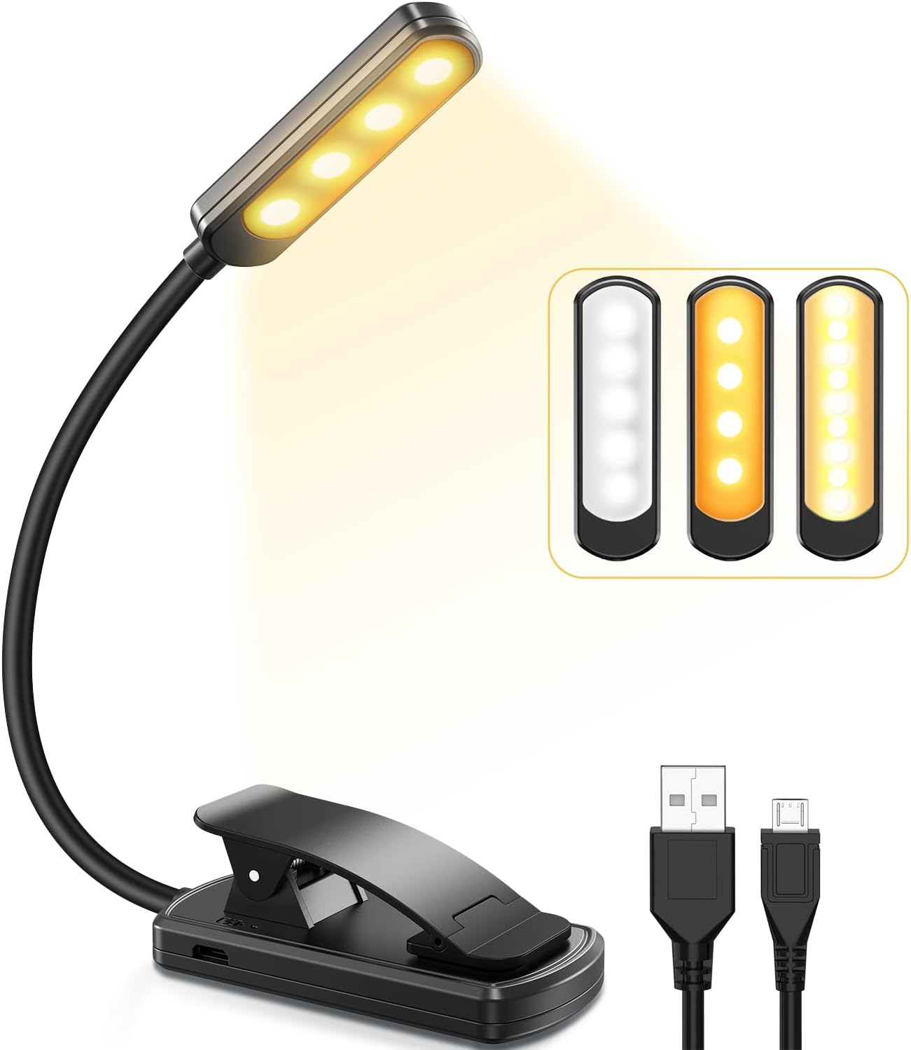 Leselampe Mit 9 Leds, Usb-aufladbar, Mit Clip, 360° Flexiblem Hals, 3 Farbtemperaturen (weiß/warm/warmweiß), Mini-nachtlicht Zum Lesen Im Bett, Ideal Für Kinder, Kindle, Reisen Und Camping.