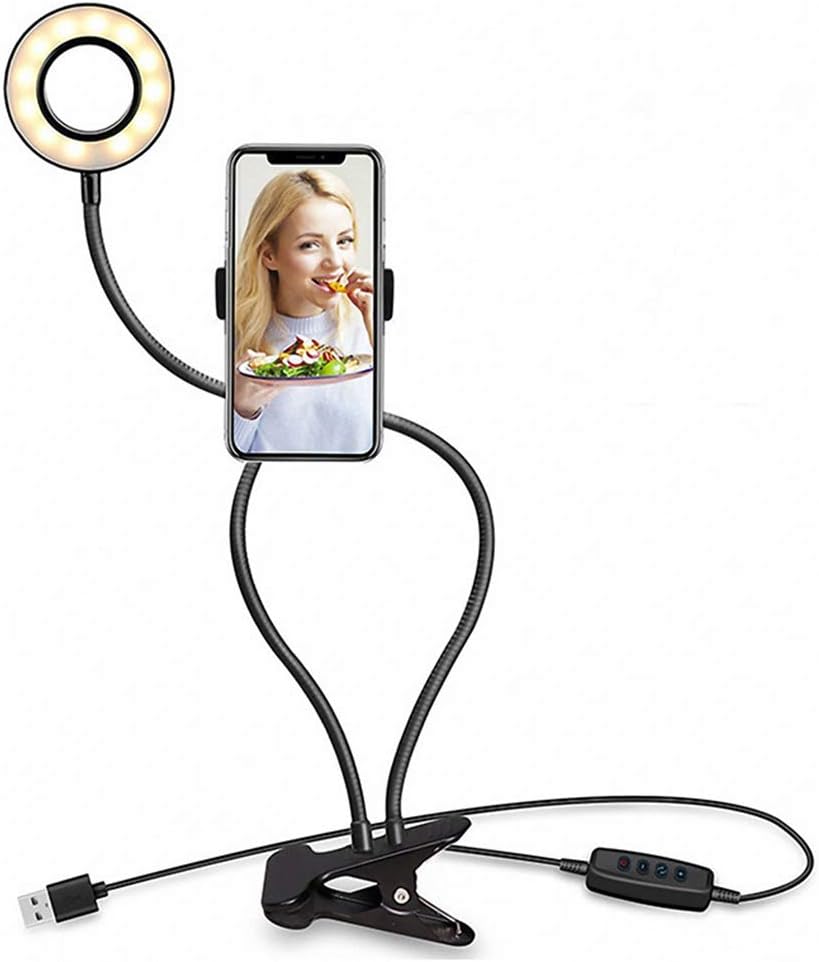 Schreibtischlampe Mit 3 Einstellbaren Helligkeitsfarben, Videoclip-halterung Für Live-fotostreaming, Videochats, Facebook Und Make-up, 360° Drehbaren Armen Und Verstellbarem Ständer.