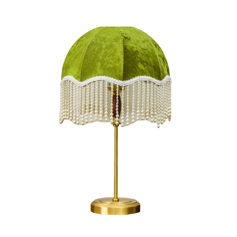 Vintage Französische Nachttischlampe Mit Perlenquasten, Samtbezug, Smaragdgrüner, Dreifarbiger Beleuchtung.
