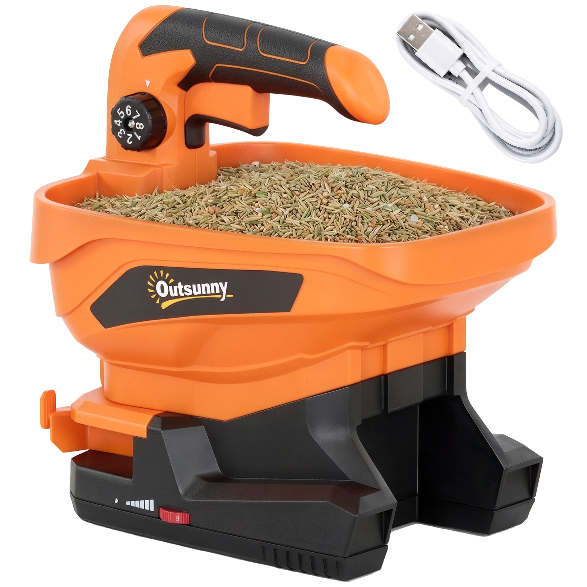 Tragbarer 3,3-liter-streusalzstreuer Mit 8 Durchflussstufen, Einstellbarer Streubreite Und Usb-anschluss Für Rasenflächen Bis Zu 800 M² – Orange