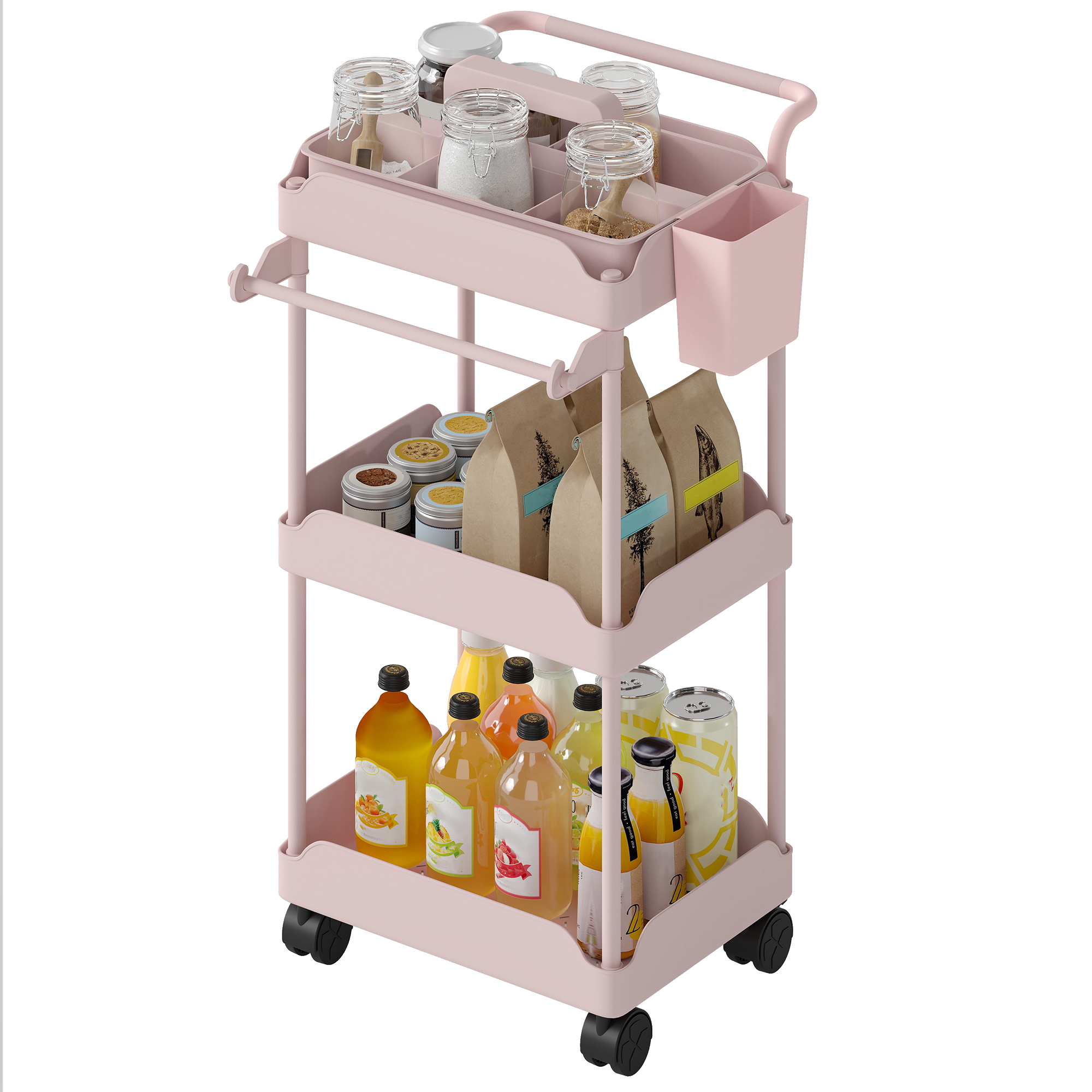 3-stöckiger Servierwagen, Küchenwagen Mit Herausnehmbaren Körben Und Handtuchhalter, Rosa