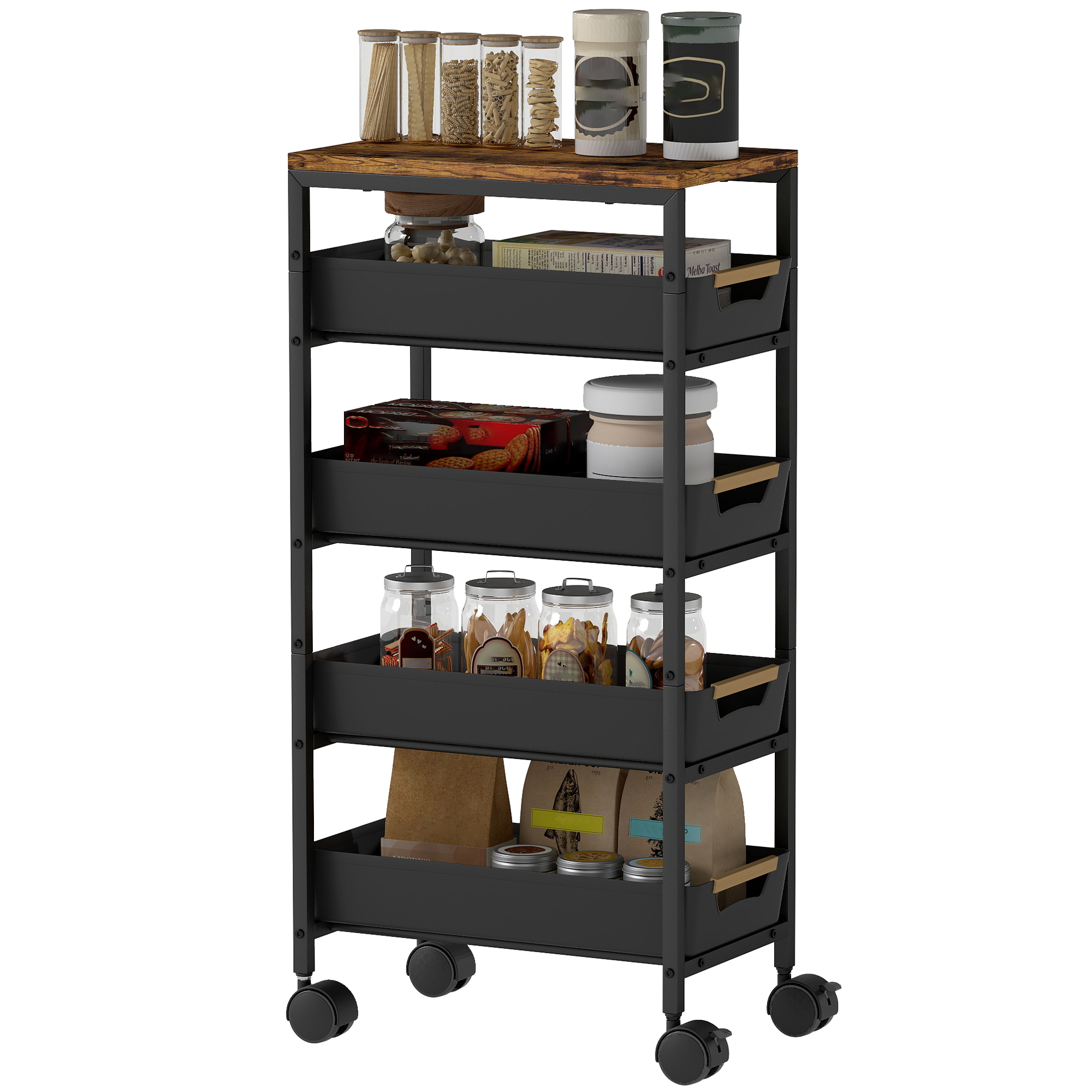 5-stöckiger Küchenwagen, Rollwagen, Arbeitsplatte In Holzoptik, Schubladen Mit Auszug, 39,5 X 24 X 82 Cm, Schwarz