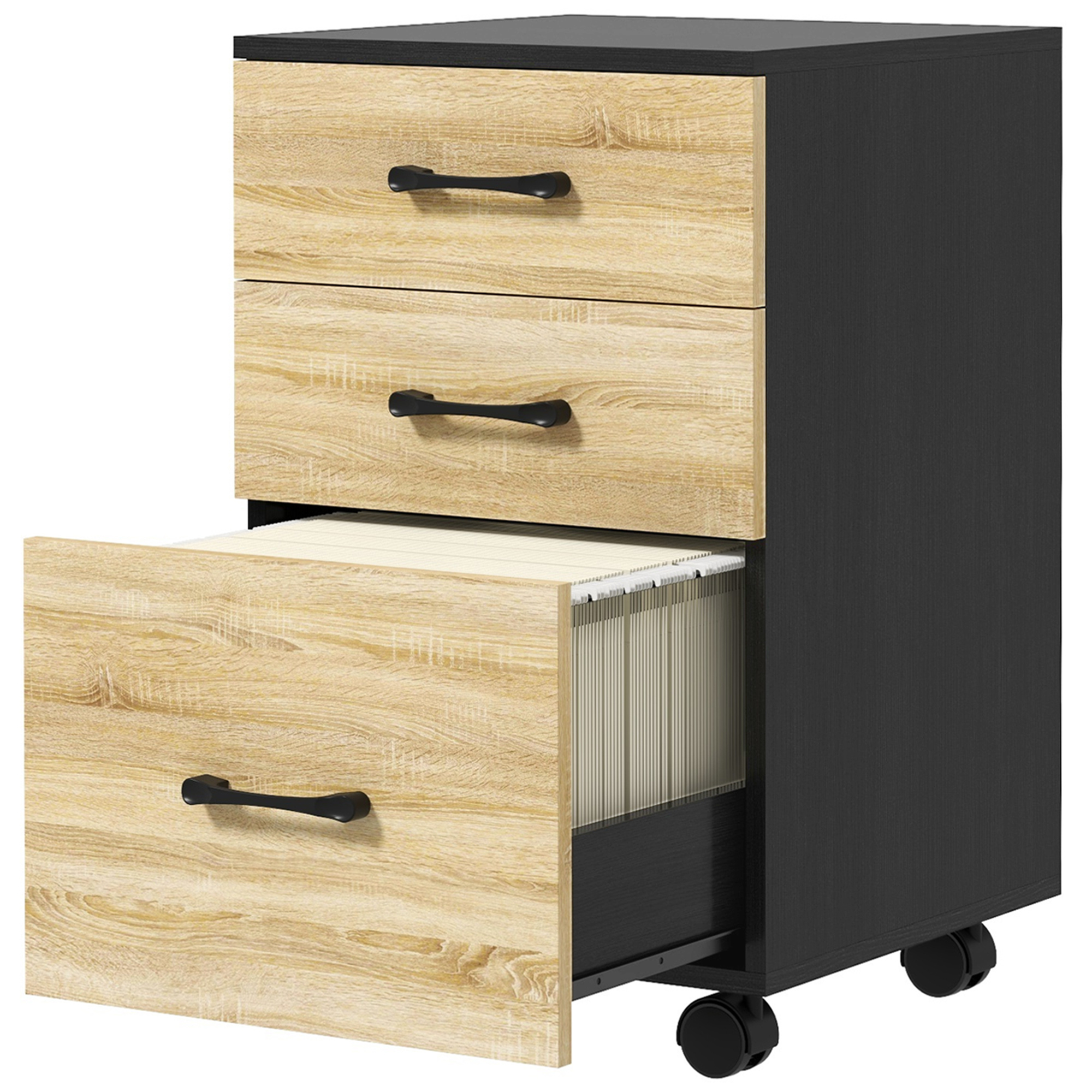 Rollbarer Büro-aktenschrank Mit Schubladen Und Kleiderstange, 40 X 42 X 65 Cm, Eiche Und Schwarz